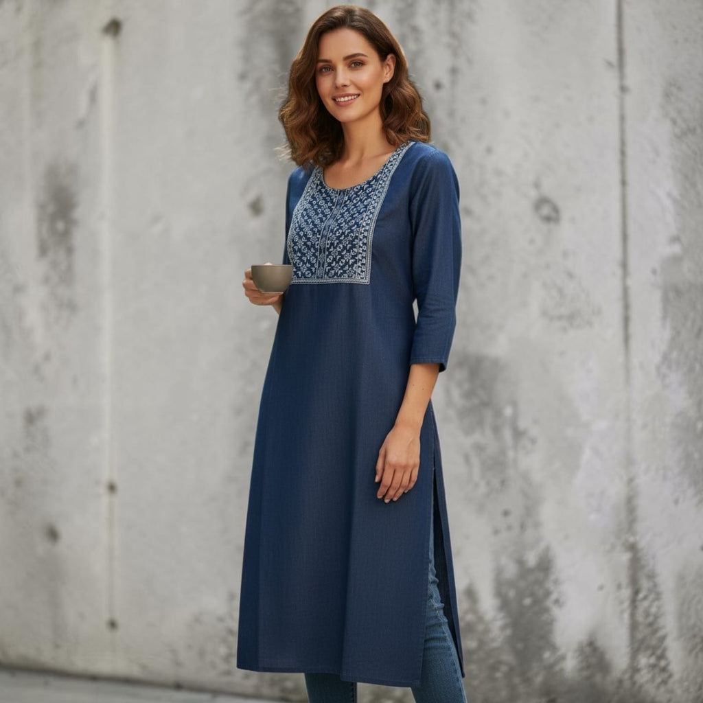 City Center premium denim kurti in dark blue with intricate white embroidery on the yoke and three-quarter sleeves.