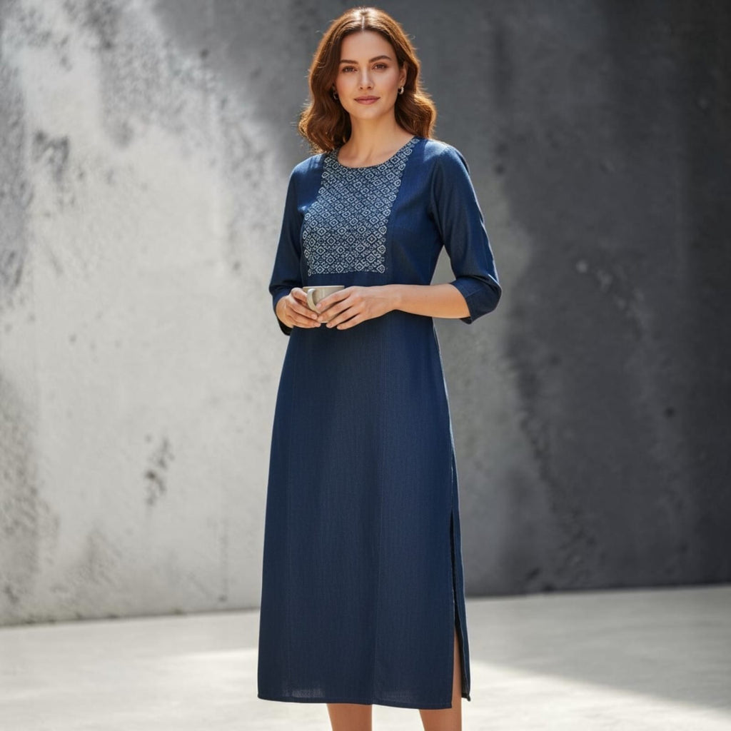 City Center premium blue cotton denim kurti with white geometric embroidery on the yoke and side slits