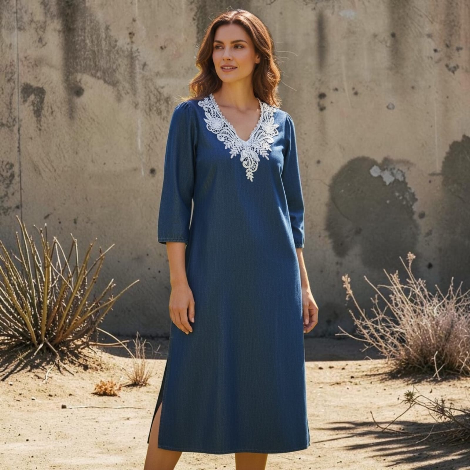 City Center premium denim kurti featuring a V-neckline with intricate white lace embroidery and side slits.