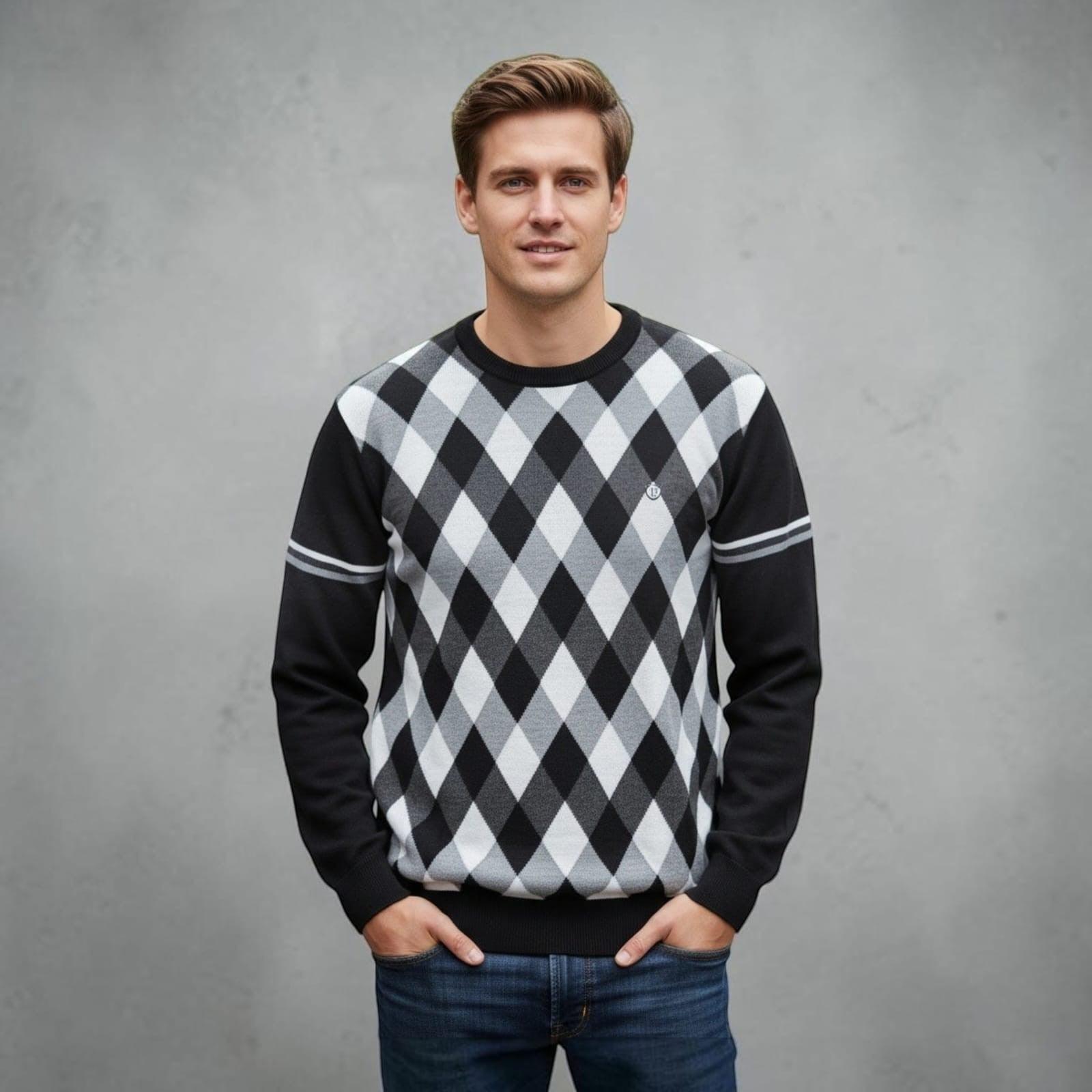 City Center Diamond Touch sweater featuring a black, grey, and white argyle pattern worn by a man with blue jeans.