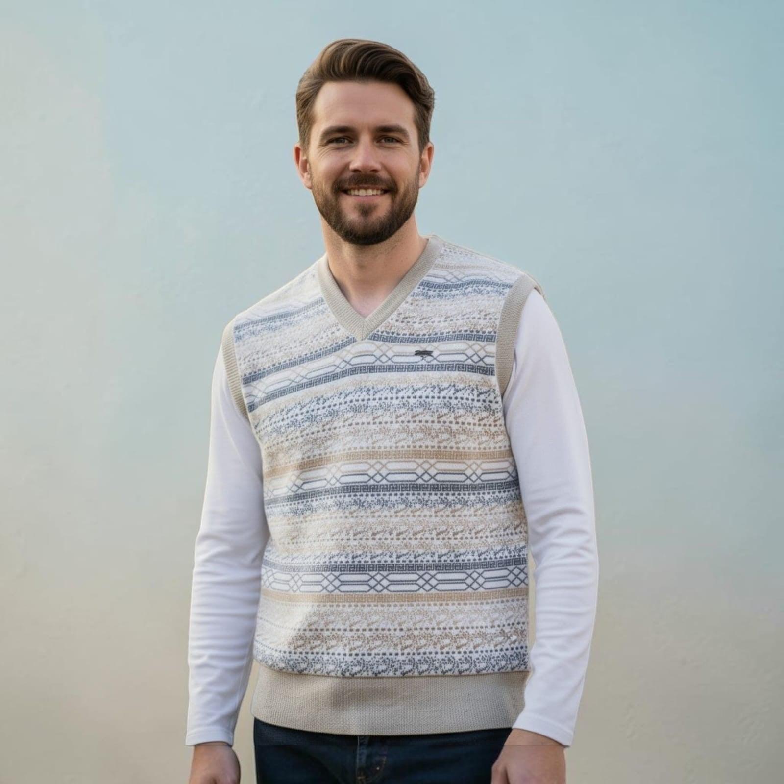 City Center Diamond Touch angora-blend sweater vest with blue and white geometric knit pattern worn by a man