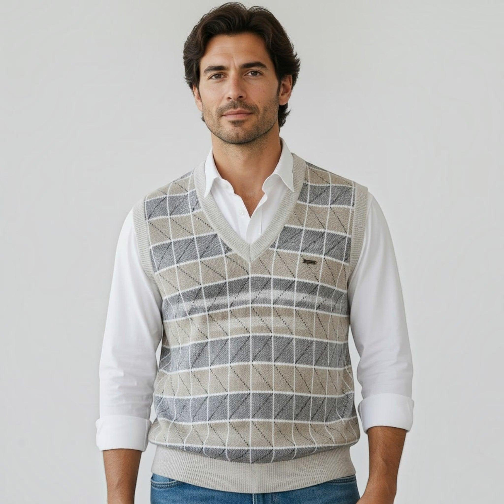 City Center Diamond Touch angora-blend sweater vest in beige and grey with a diamond knit pattern on a male model.