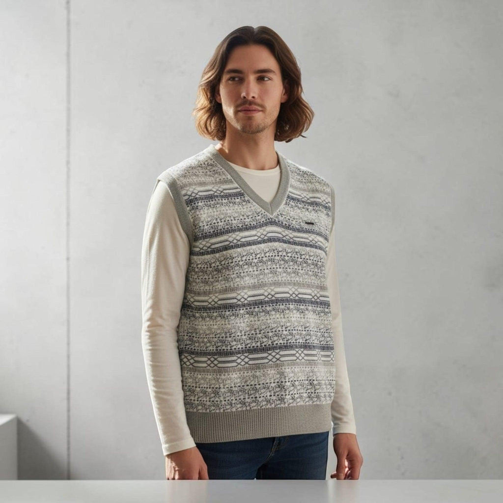 City Center Diamond Touch angora-blend sweater vest with a grey and white geometric knit pattern worn by a man.