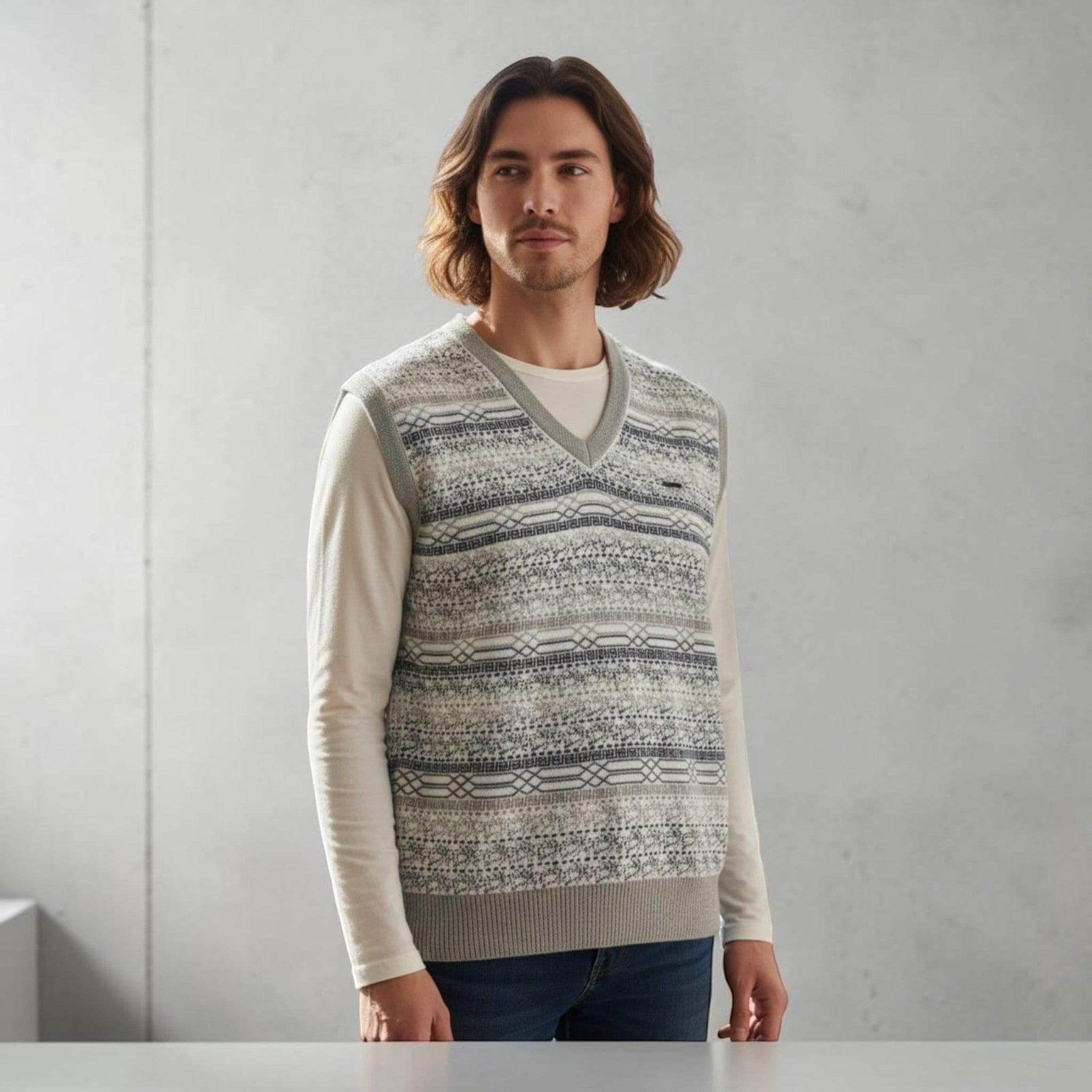City Center Diamond Touch angora-blend sweater vest with a grey and white geometric knit pattern worn by a man.