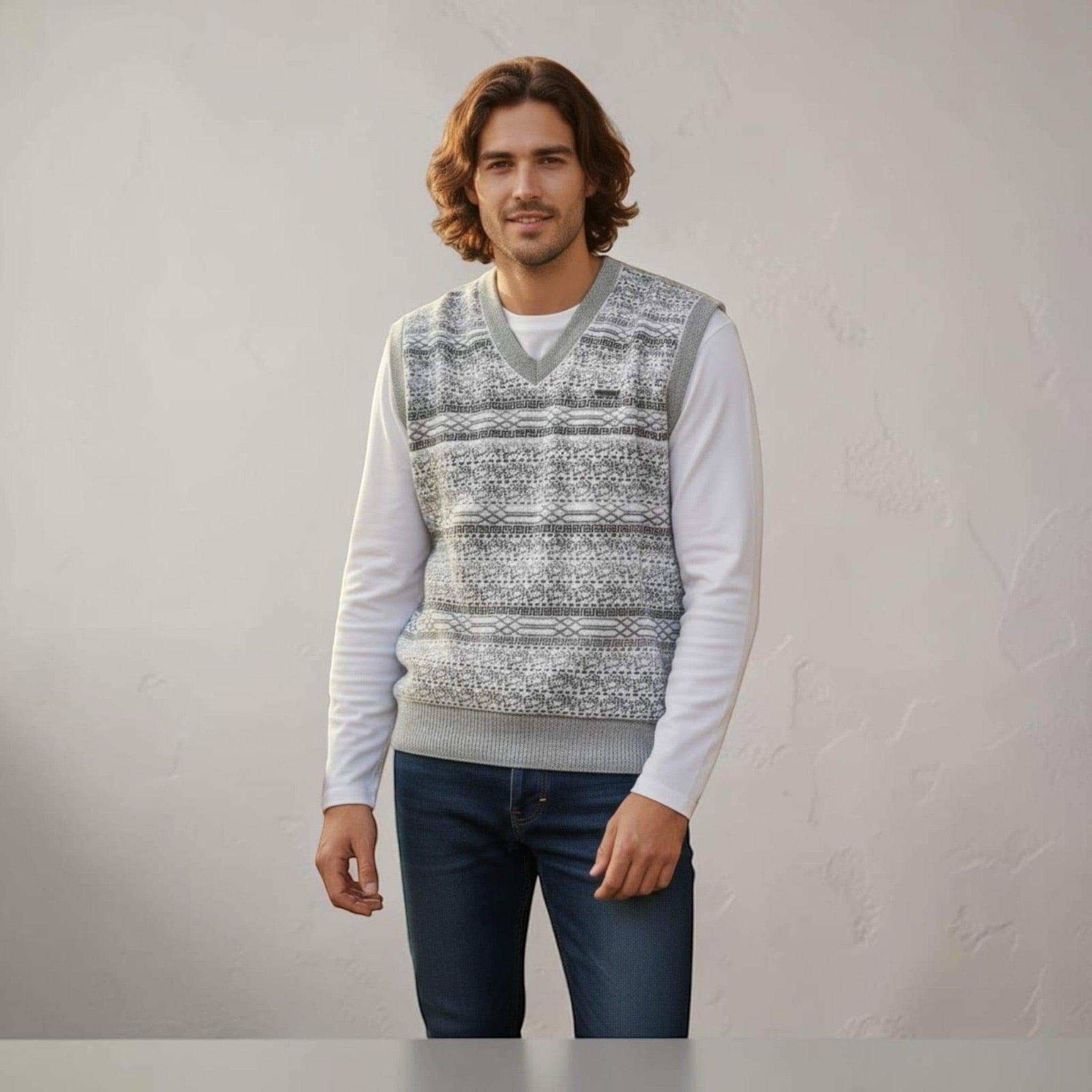 City Center Diamond Touch angora-blend grey and white patterned sweater vest worn by a man over a long-sleeve shirt.