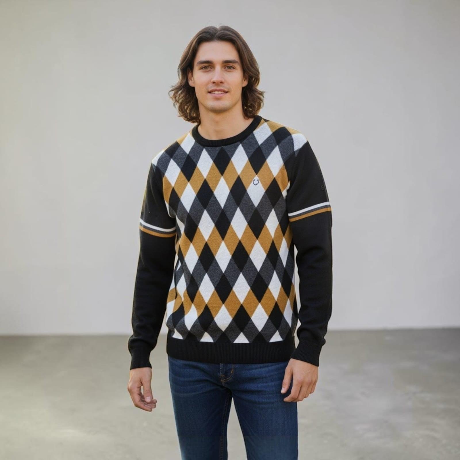 City Center Diamond Touch sweater with black, white, and mustard argyle pattern worn by a man with long brown hair.
