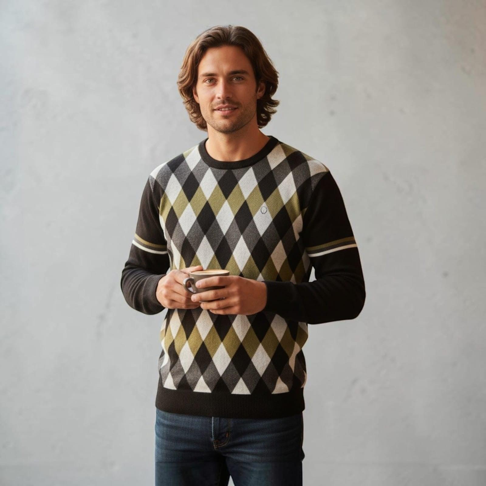 City Center Diamond Touch winter sweater with olive green, black, and white argyle pattern worn by a man holding a cup