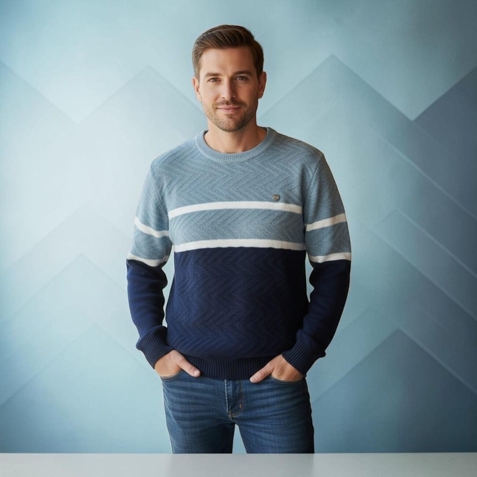 City Center Diamond Touch sweater featuring a blue diamond-pattern knit, worn by a man against a blue chevron wall.