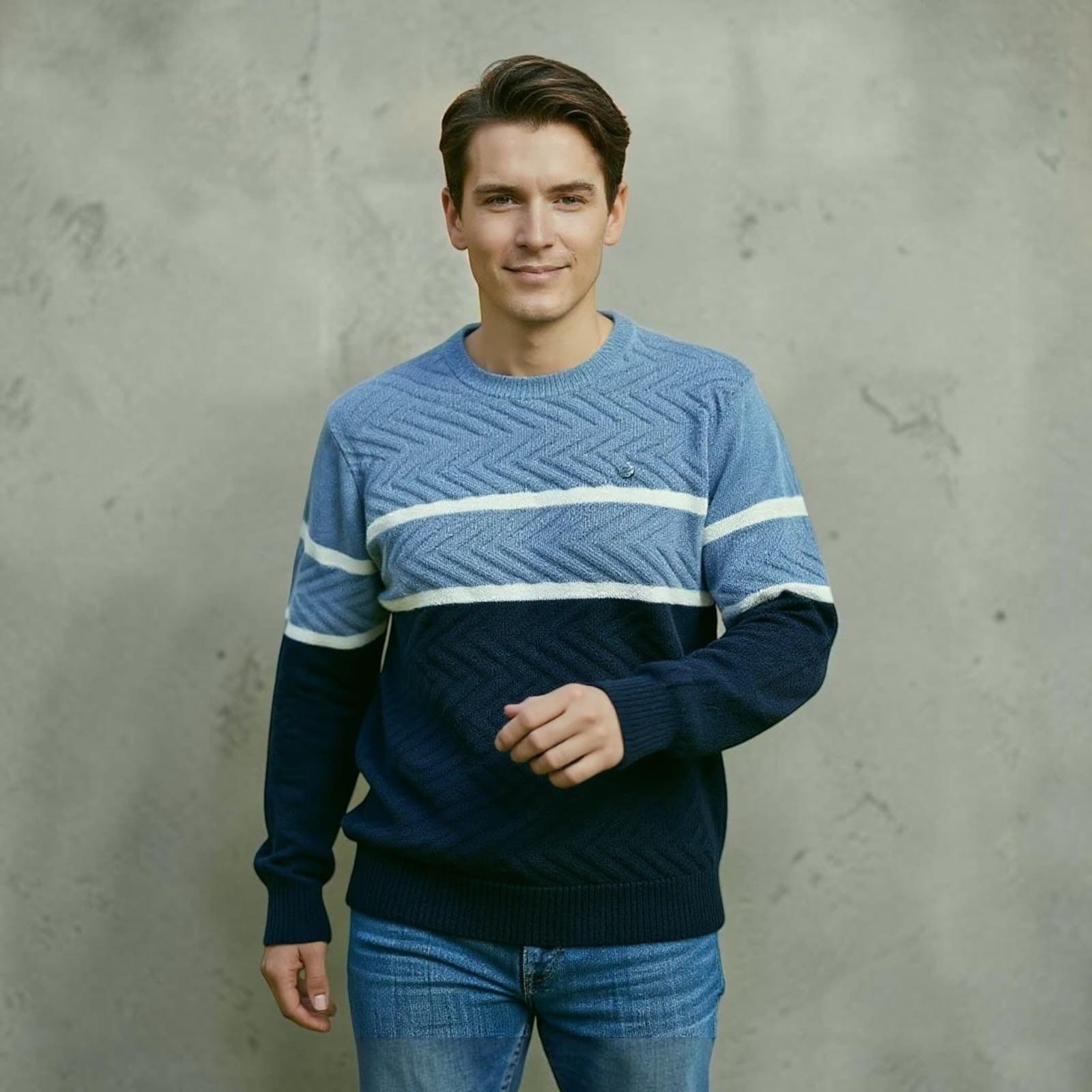 City Center Diamond Touch sweater featuring a blue and navy color-blocked diamond knit pattern worn by a man.