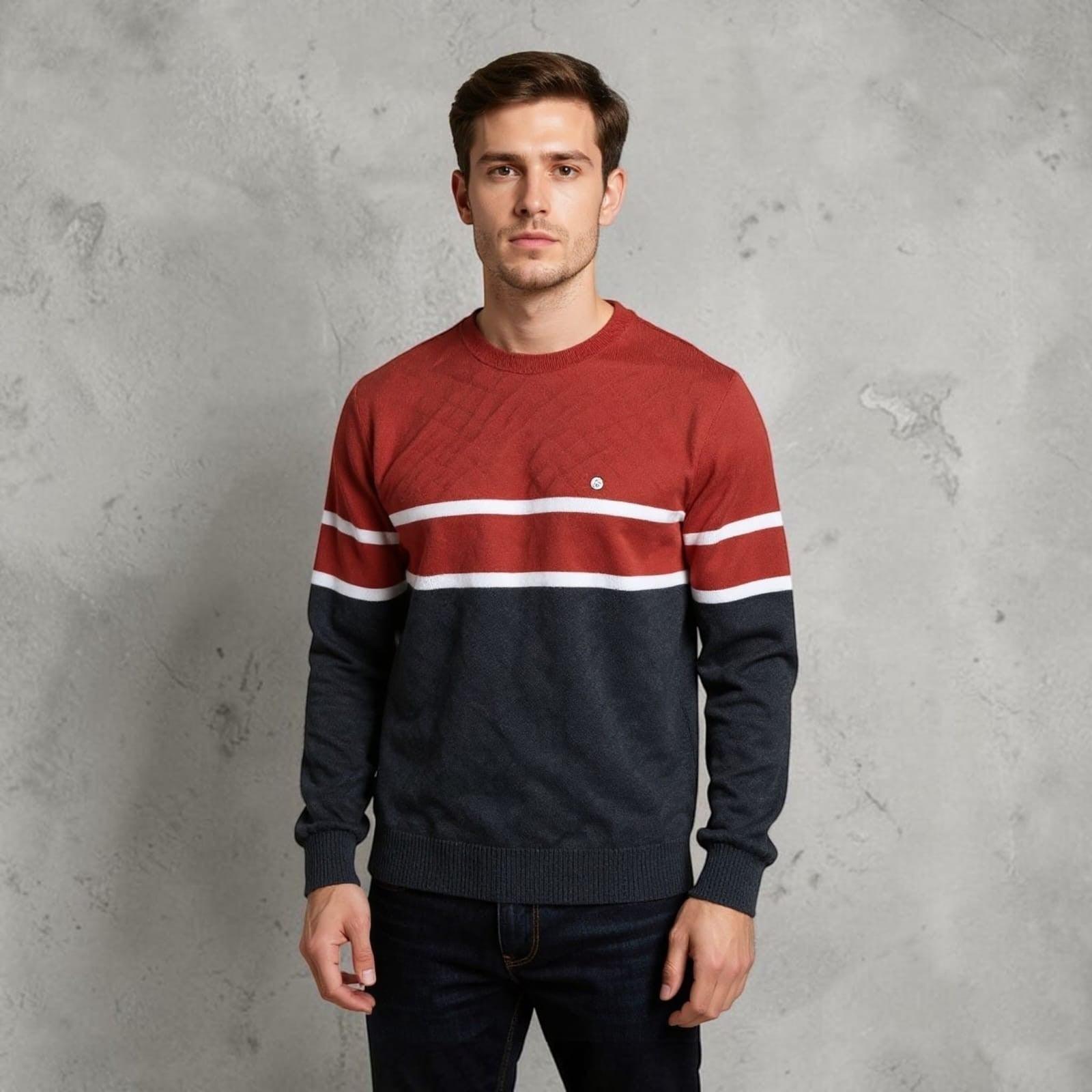 City Center Diamond Touch sweater featuring a red, white, and charcoal color-block knit design on a male model