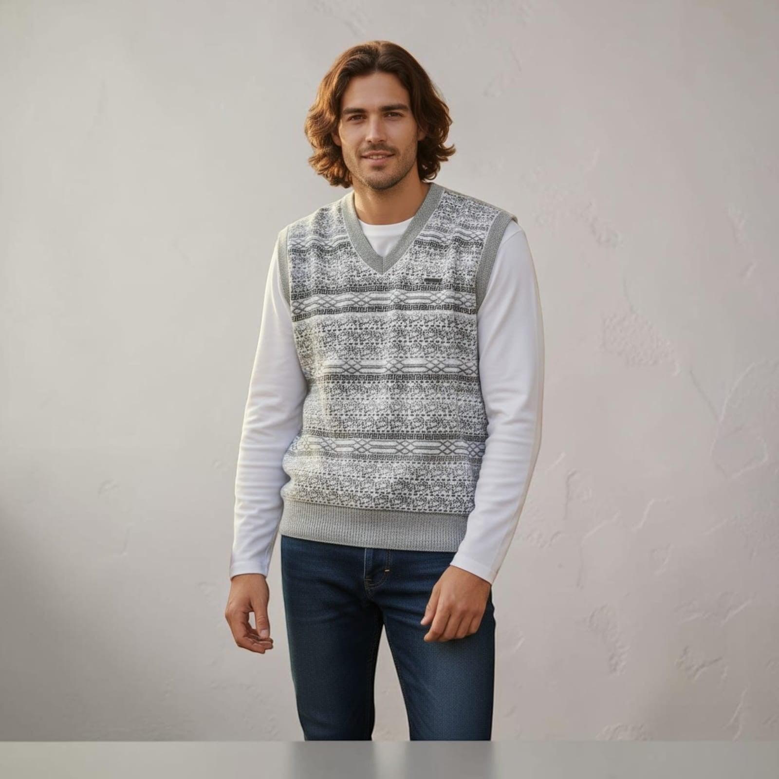 City Center Diamond Touch angora-blend sweater vest in light grey with a textured diamond pattern worn by a man.