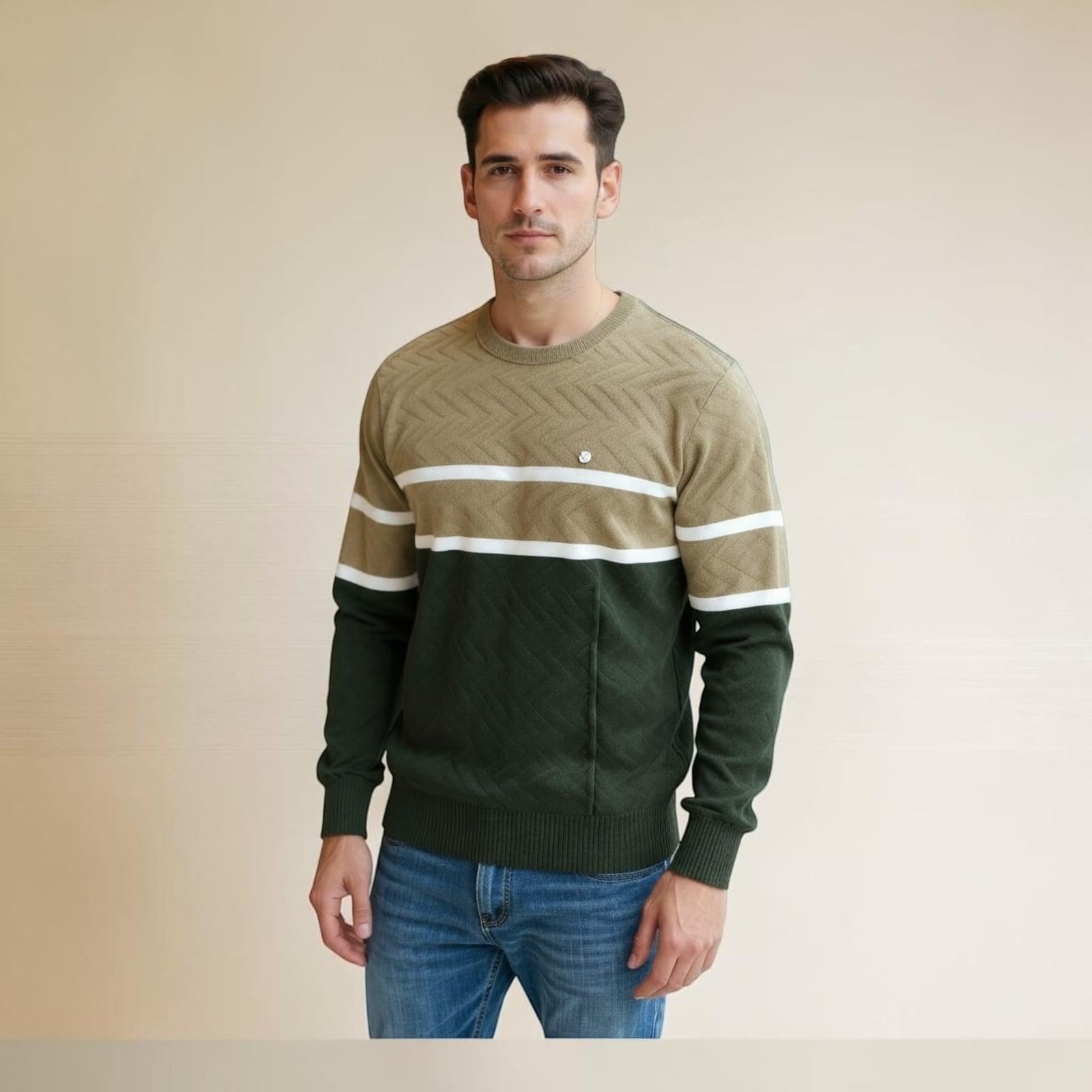 City Center Diamond Touch sweater featuring a green and beige color-block knit with a subtle diamond texture pattern.