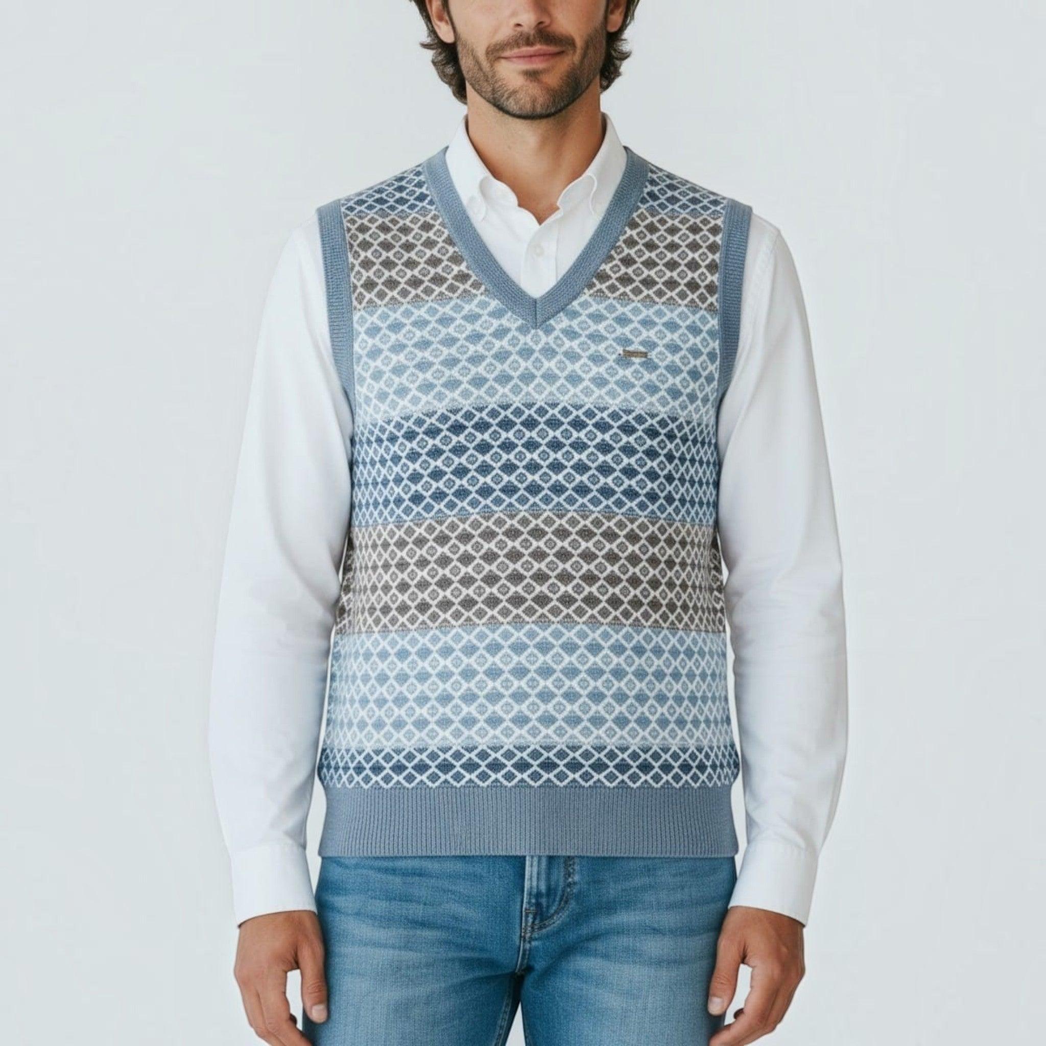 City Center Diamond Touch angora-blend sweater vest in blue and grey with a diamond knit pattern on a male model.