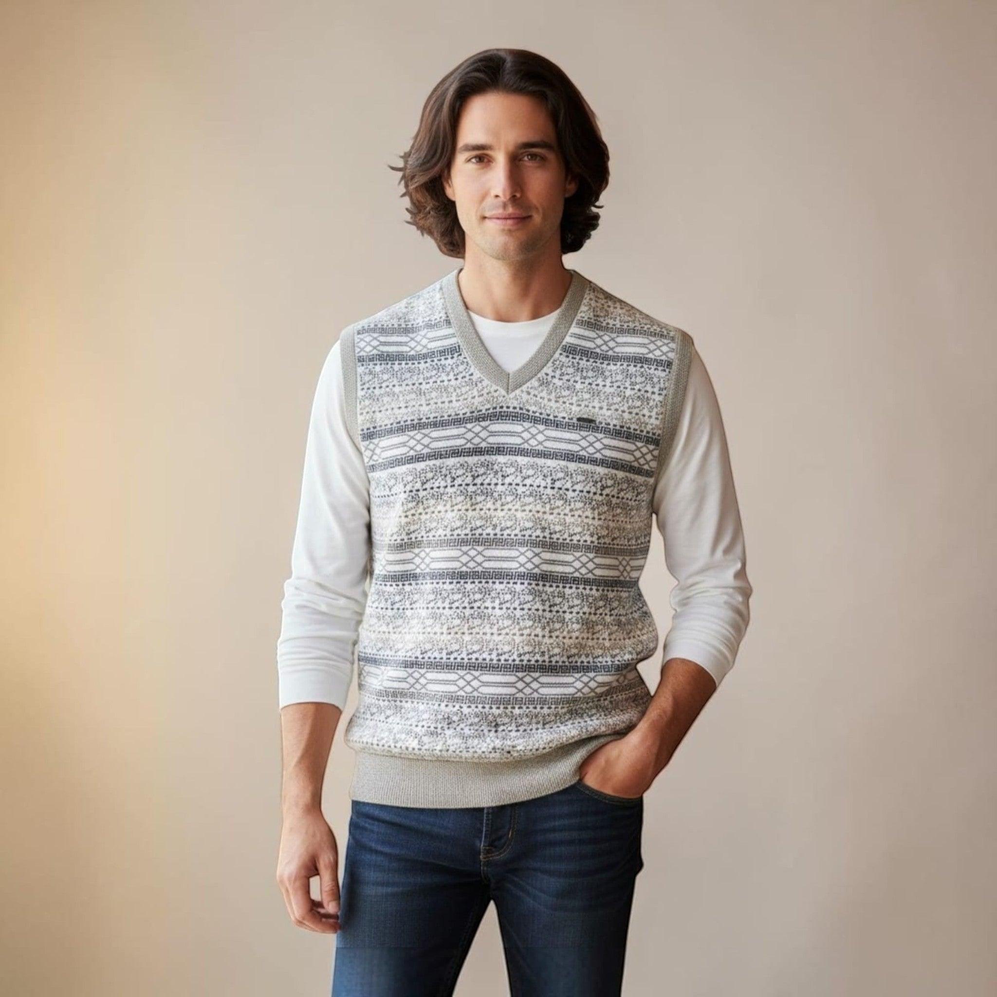 City Center Diamond Touch angora-blend sweater vest with a grey and white geometric pattern worn by a man.