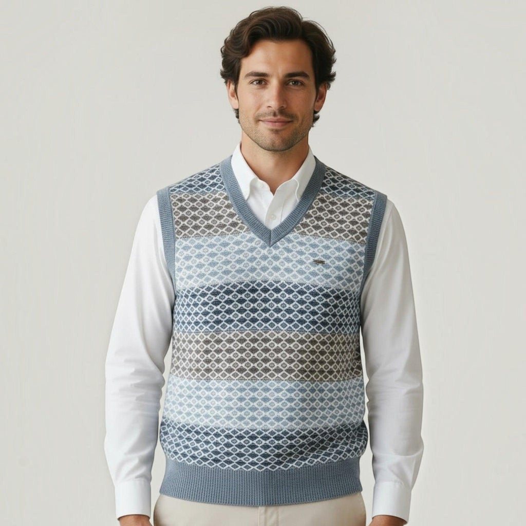 City Center Diamond Touch angora-blend sweater vest in blue and grey with a diamond knit pattern worn by a man.