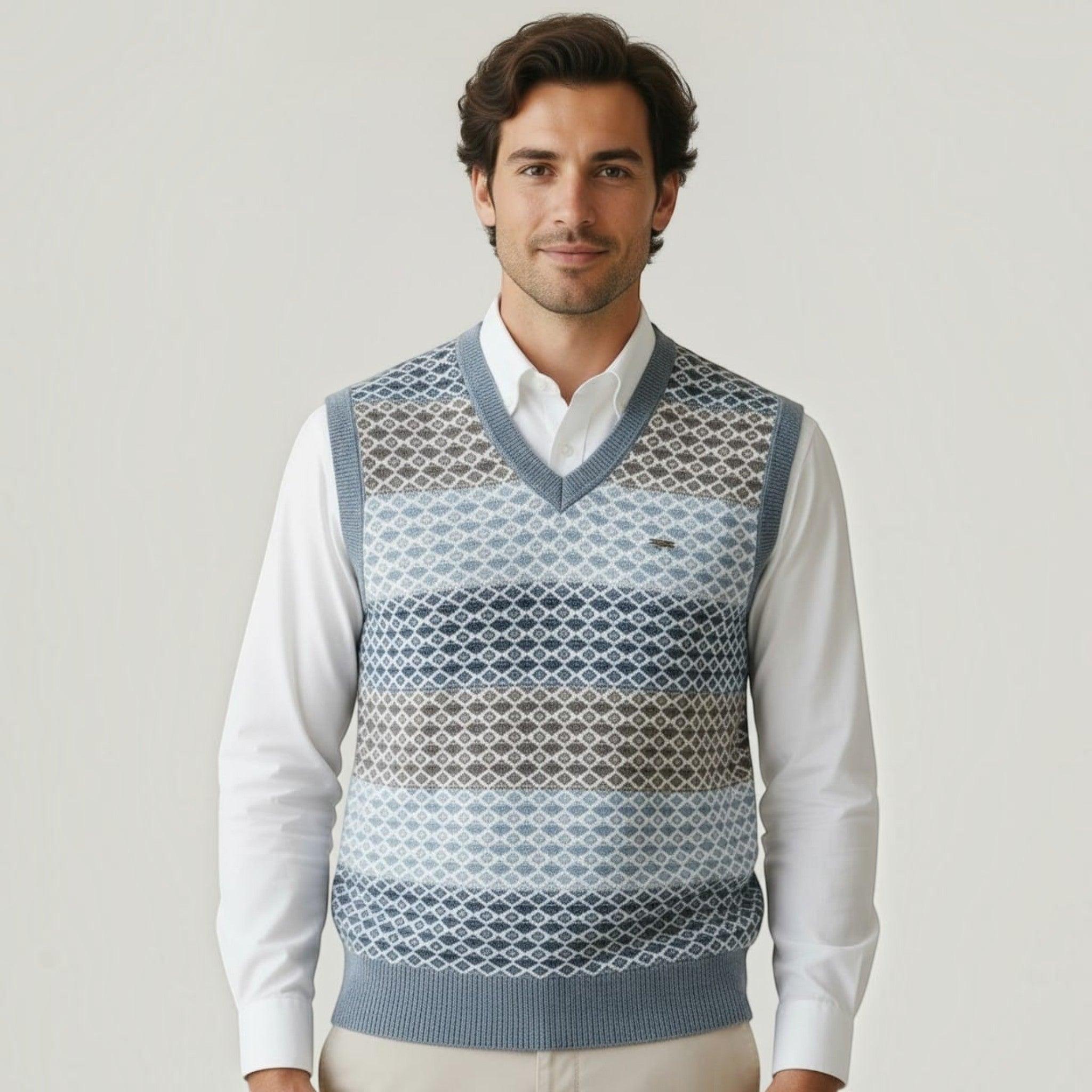 City Center Diamond Touch angora-blend sweater vest in blue and grey with a diamond knit pattern worn by a man.