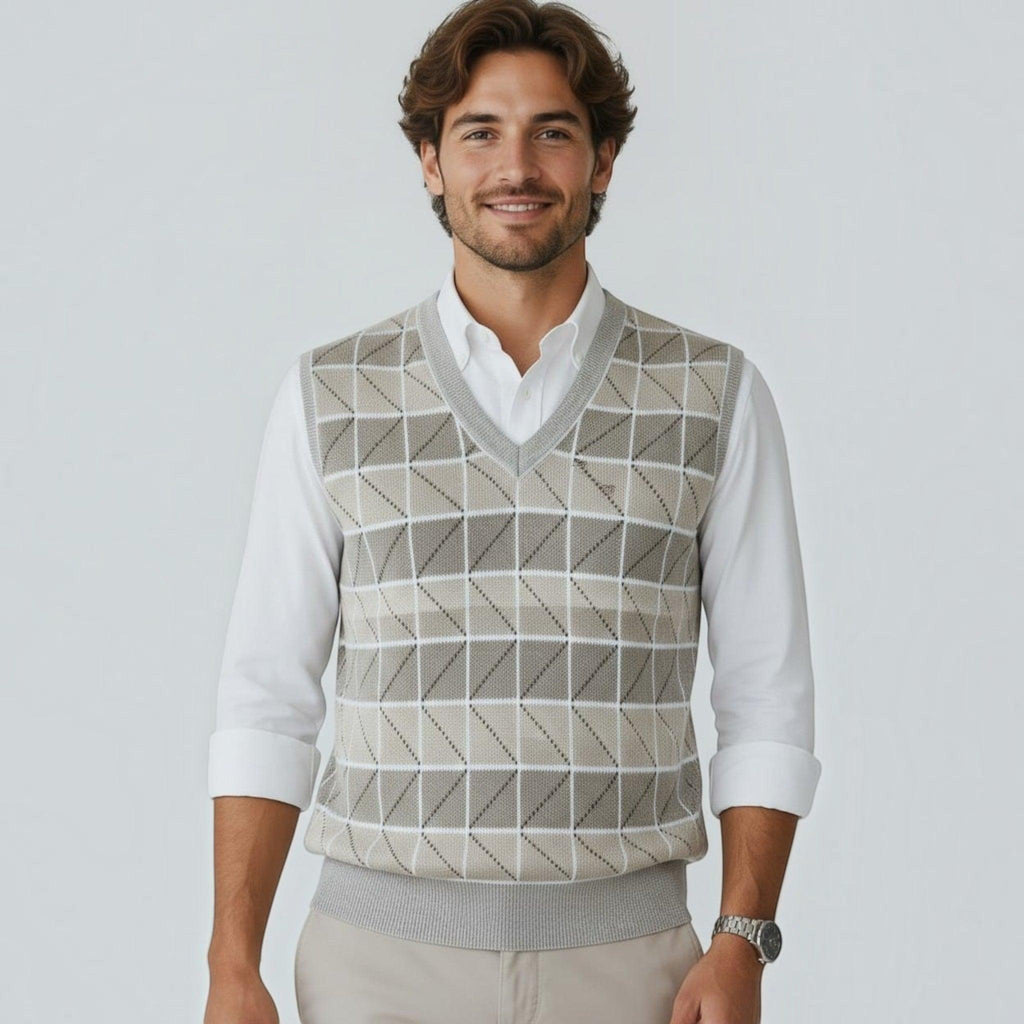 City Center Diamond Touch angora-blend sweater vest in beige with a white diamond knit pattern worn by a man.