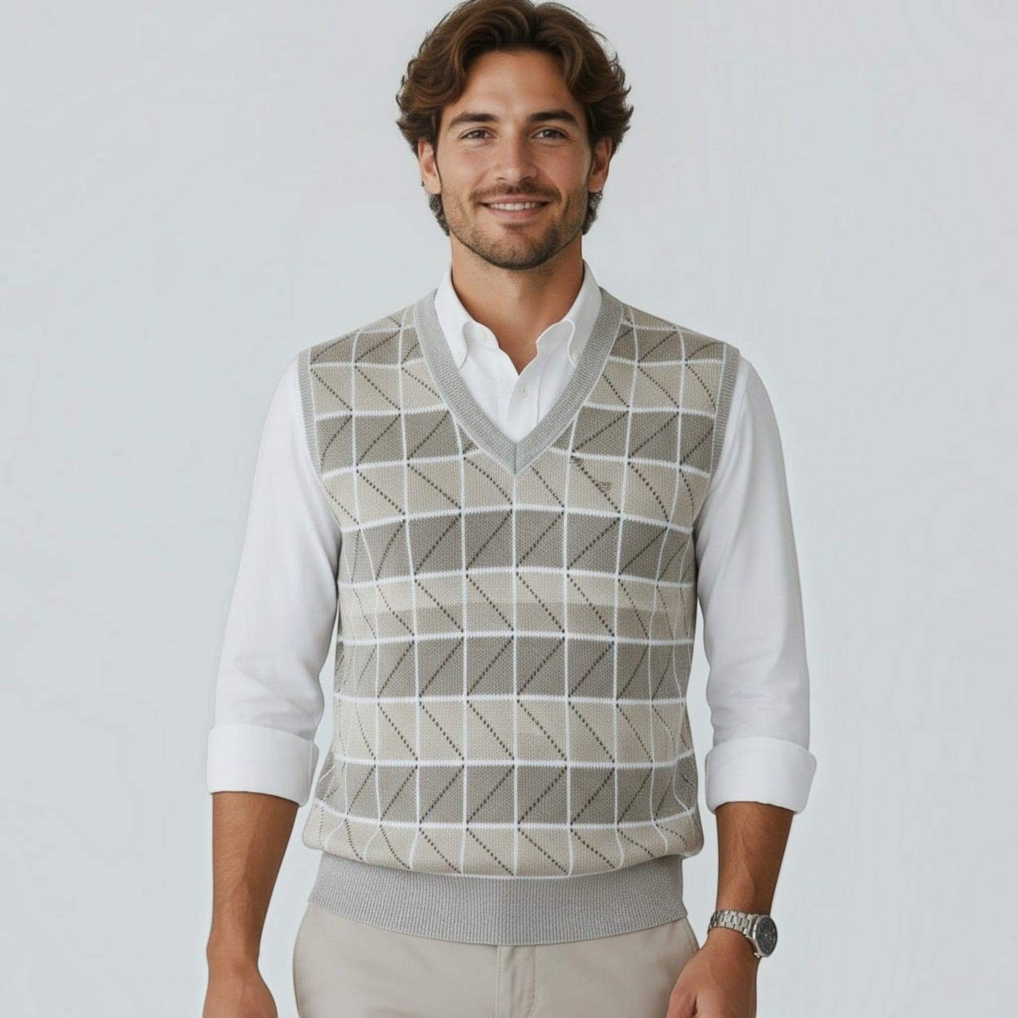 City Center Diamond Touch angora-blend sweater vest in beige with a white diamond knit pattern worn by a man.