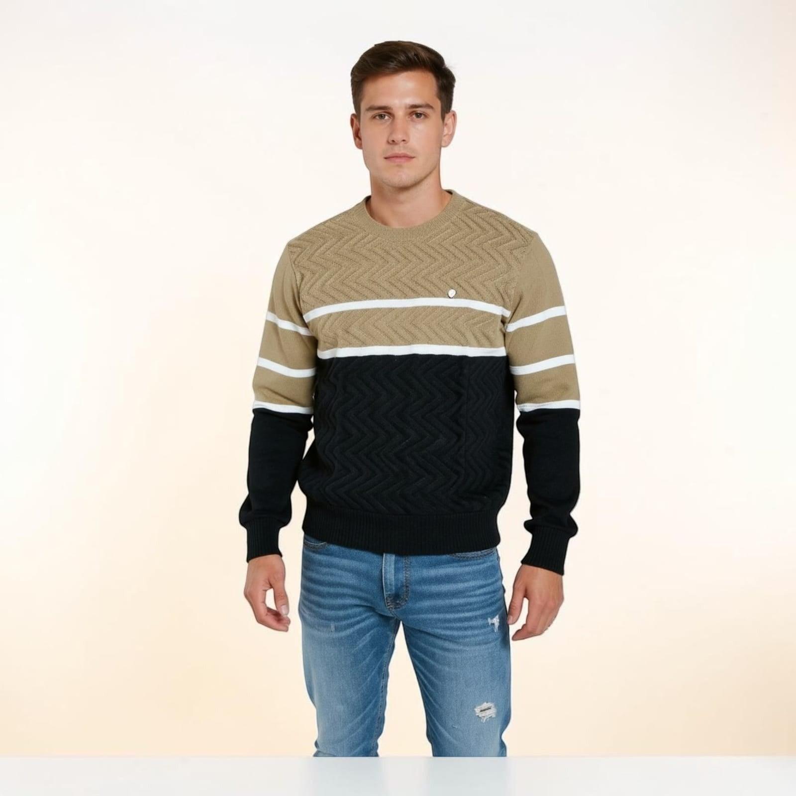 City Center Diamond Touch sweater featuring a beige and black color-block knit with a textured chevron pattern