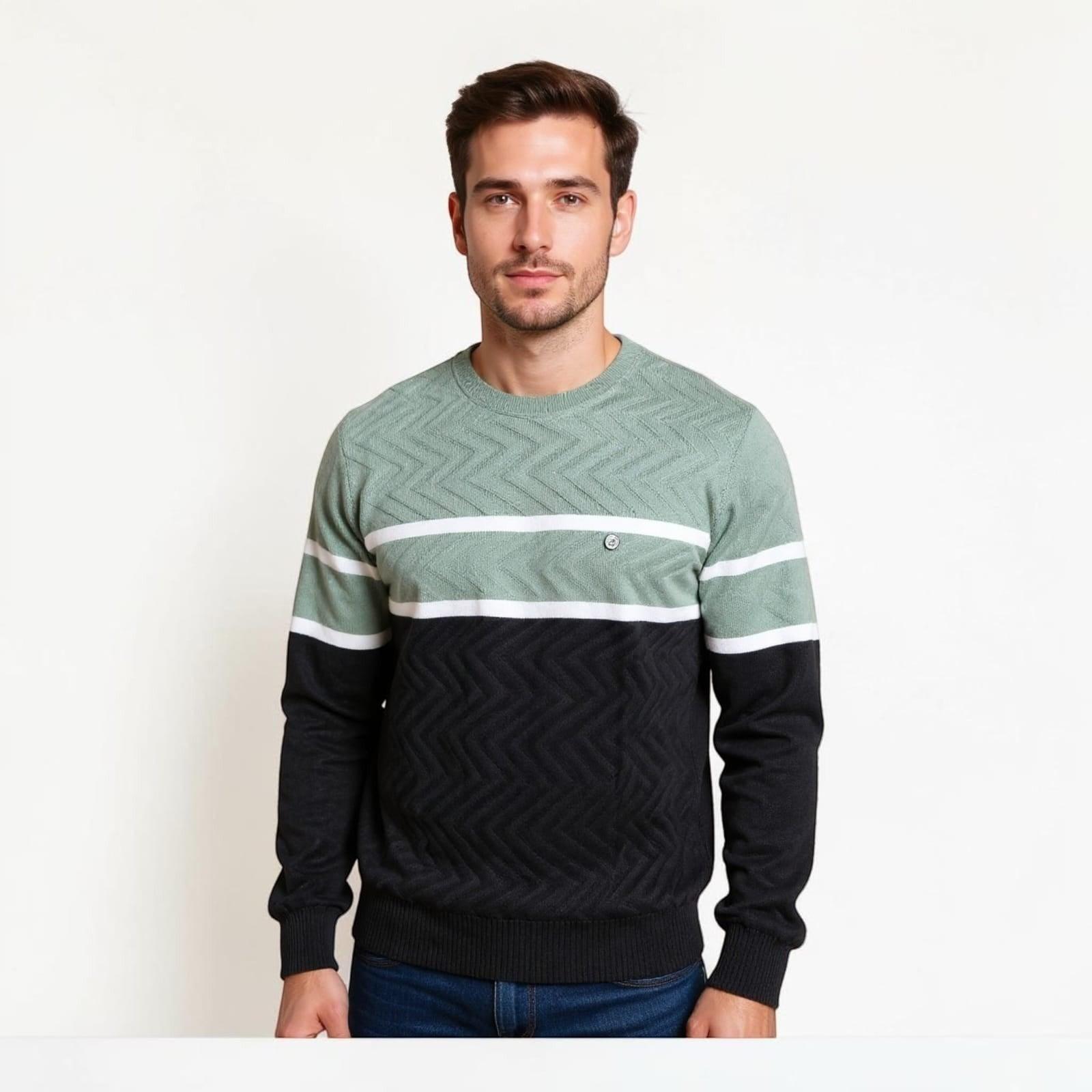 City Center Diamond Touch sweater featuring a sage green and black color-blocked knit with a textured diamond pattern.