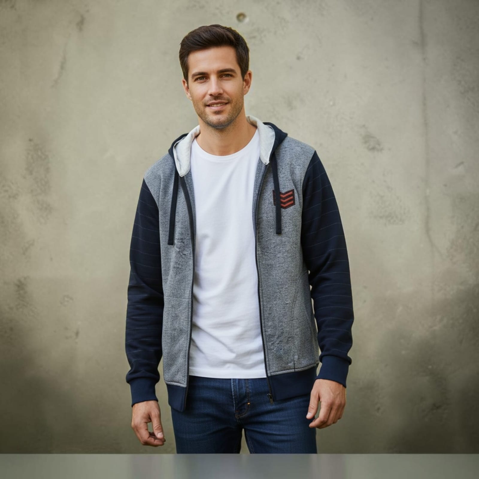 City Center Diamond Touch men's grey and navy full-zip hoodie with diamond texture, worn over a white t-shirt.