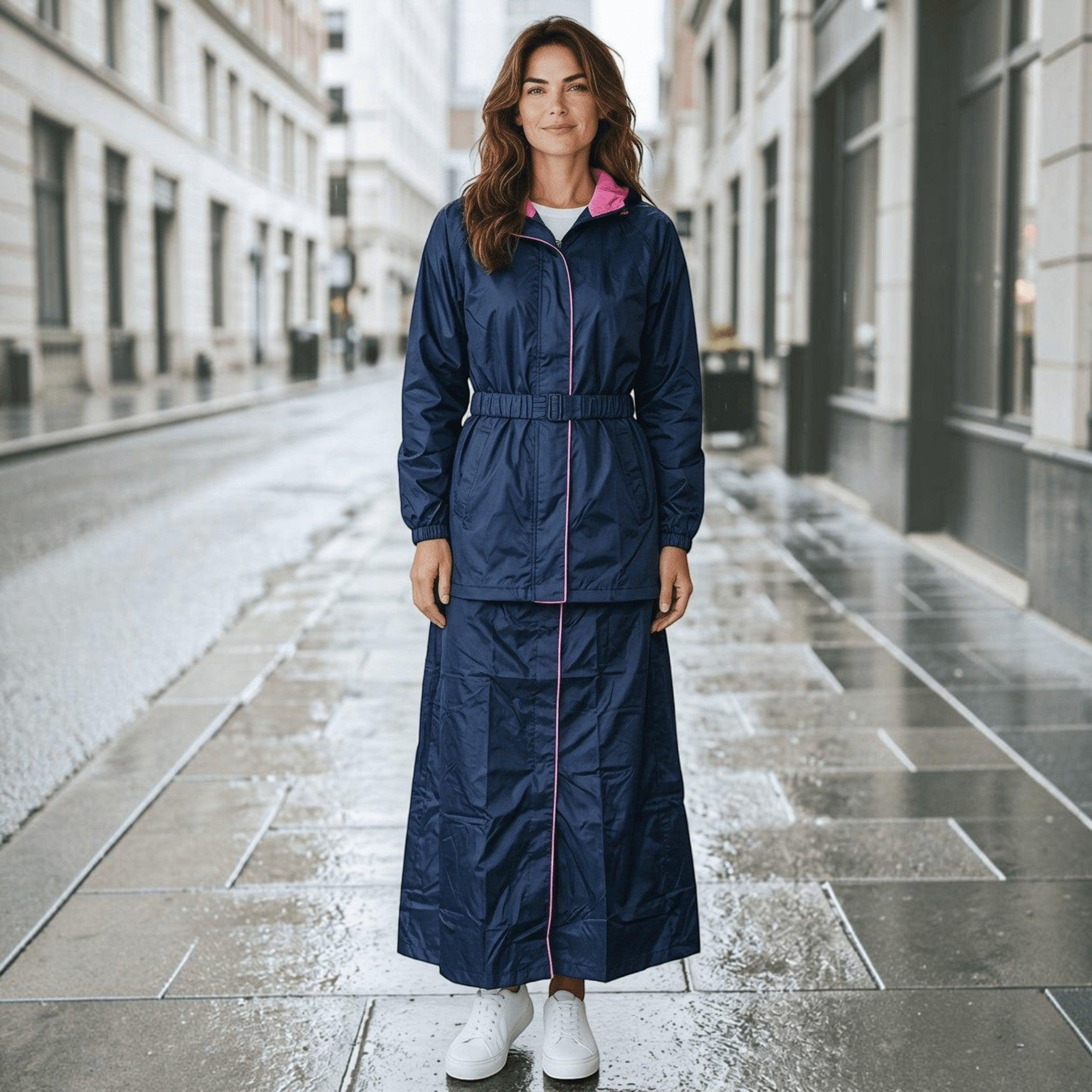 City Center Diana skirt-style navy blue raincoat with pink trim, drawstring hood, and belted waist on a city street.