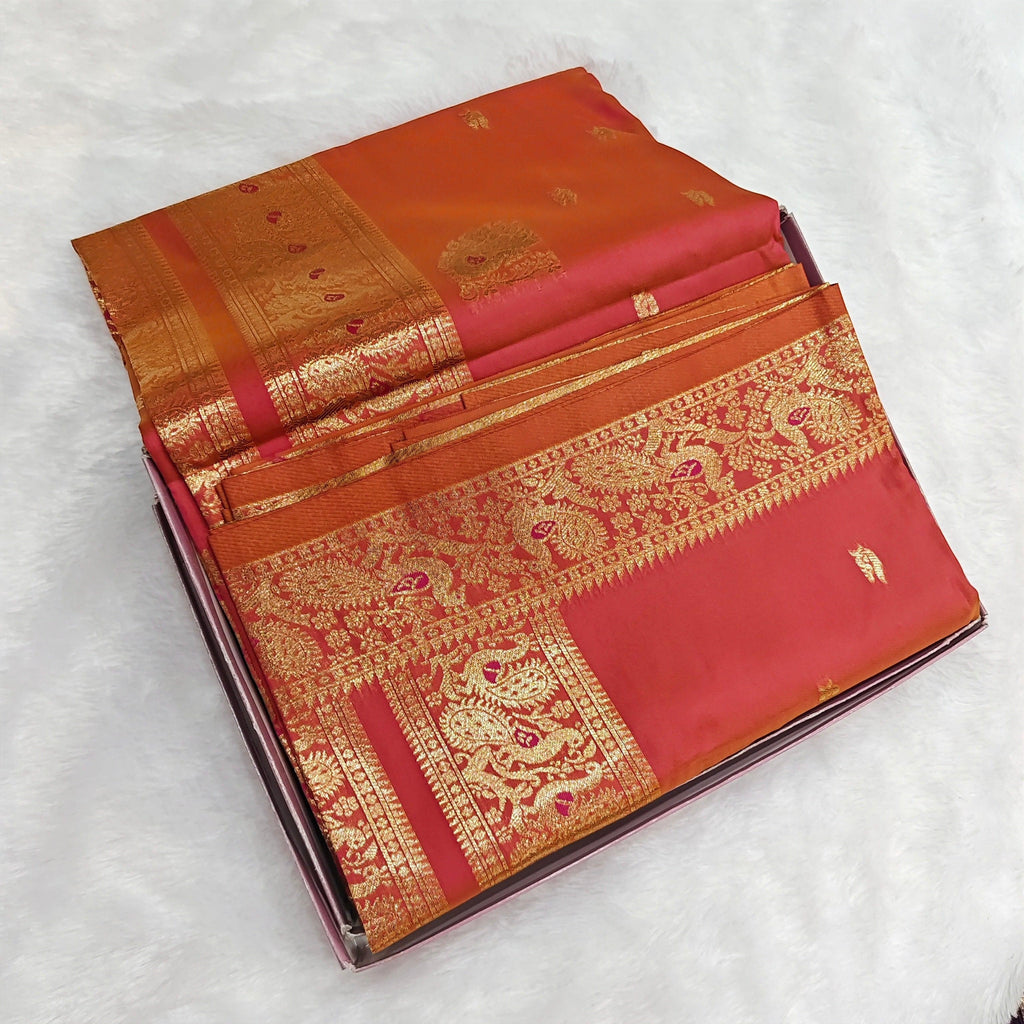 City Center premium dual-tone silk Peshwai saree in orange and red with intricate gold zari border and traditional motifs