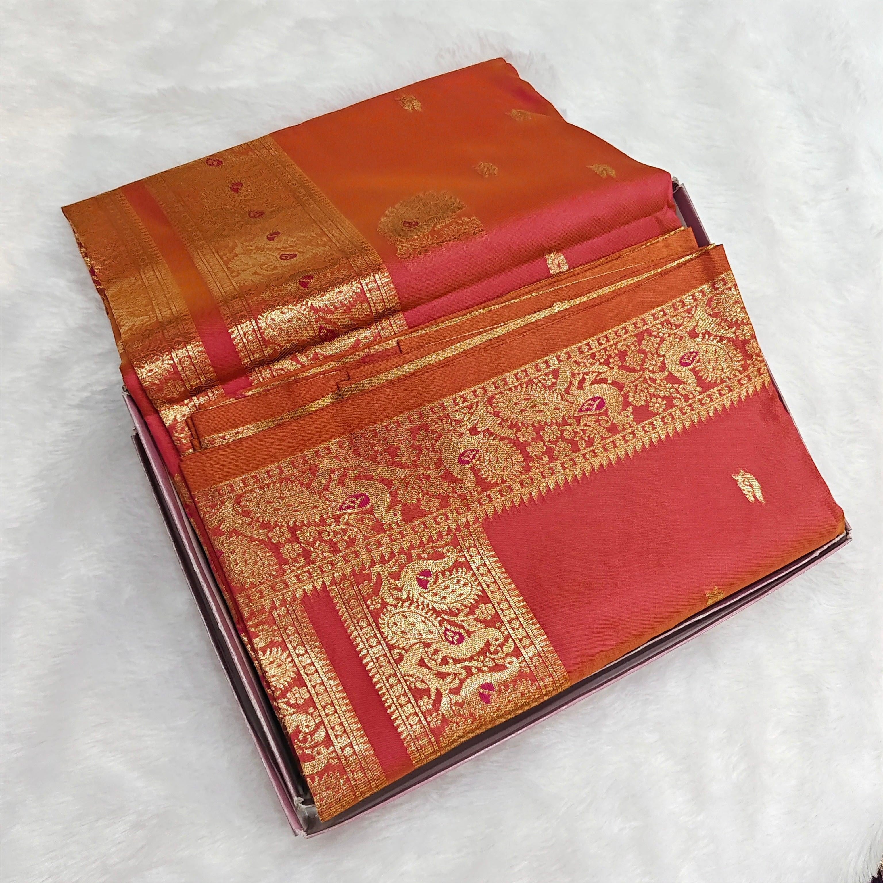 City Center premium dual-tone silk Peshwai saree in orange and red with intricate gold zari border and traditional motifs