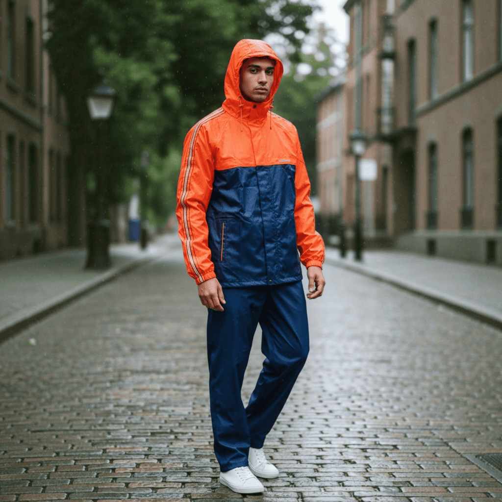 City Center Dunhill raincoat in orange and navy blue with reflective strips, worn by a man on a rainy city street.