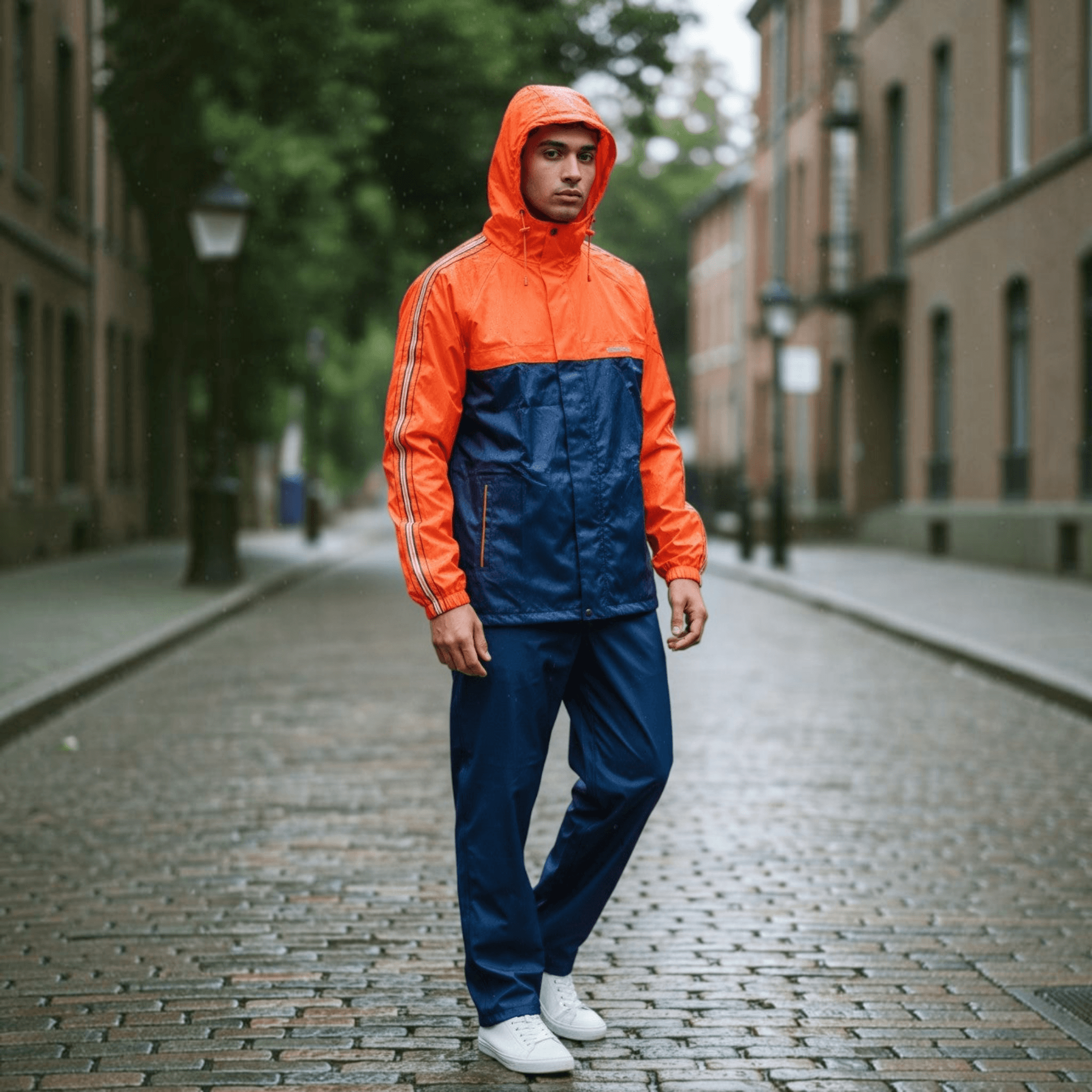 City Center Dunhill raincoat in orange and navy blue with reflective strips, worn by a man on a rainy city street.