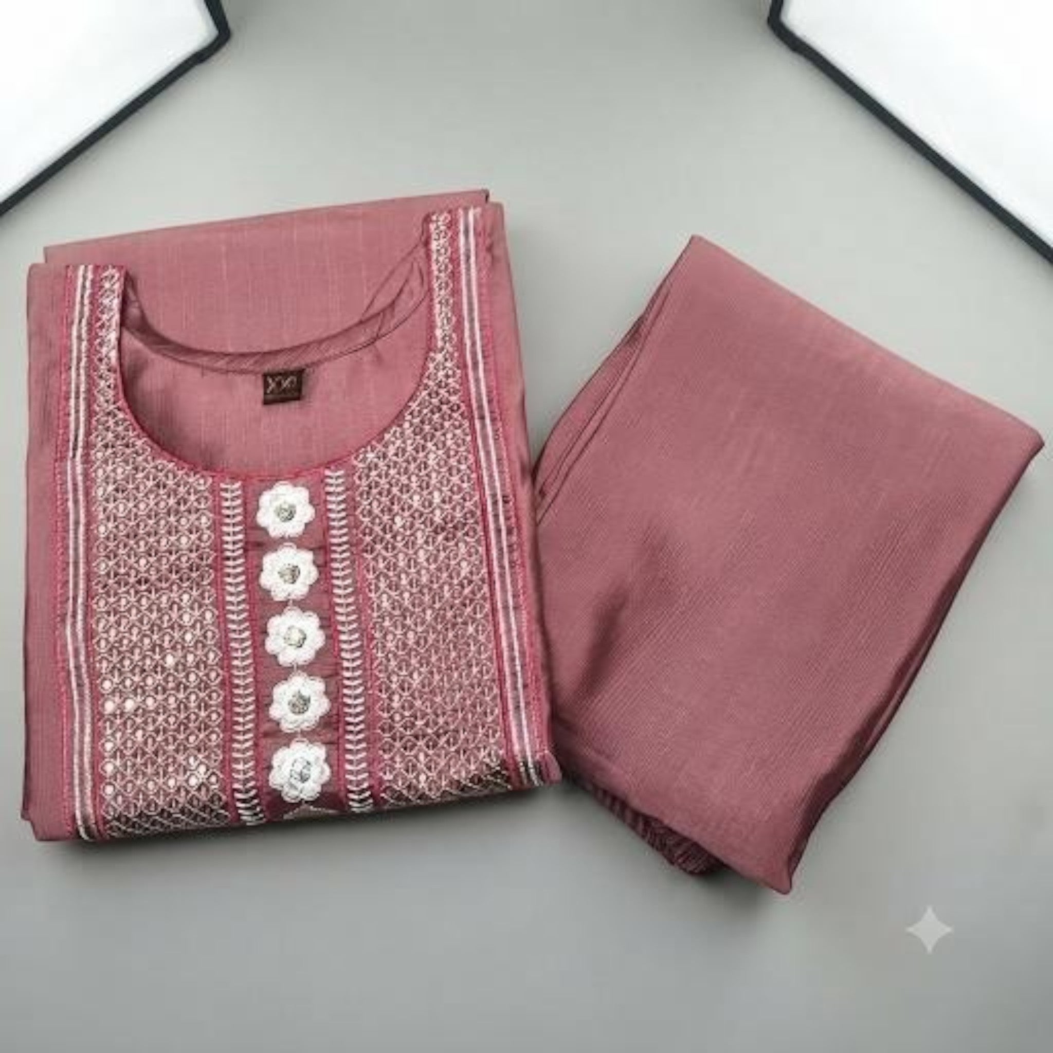 City Center premium ethnic co-ord set in dusty rose featuring intricate floral embroidery and mirror work detailing.