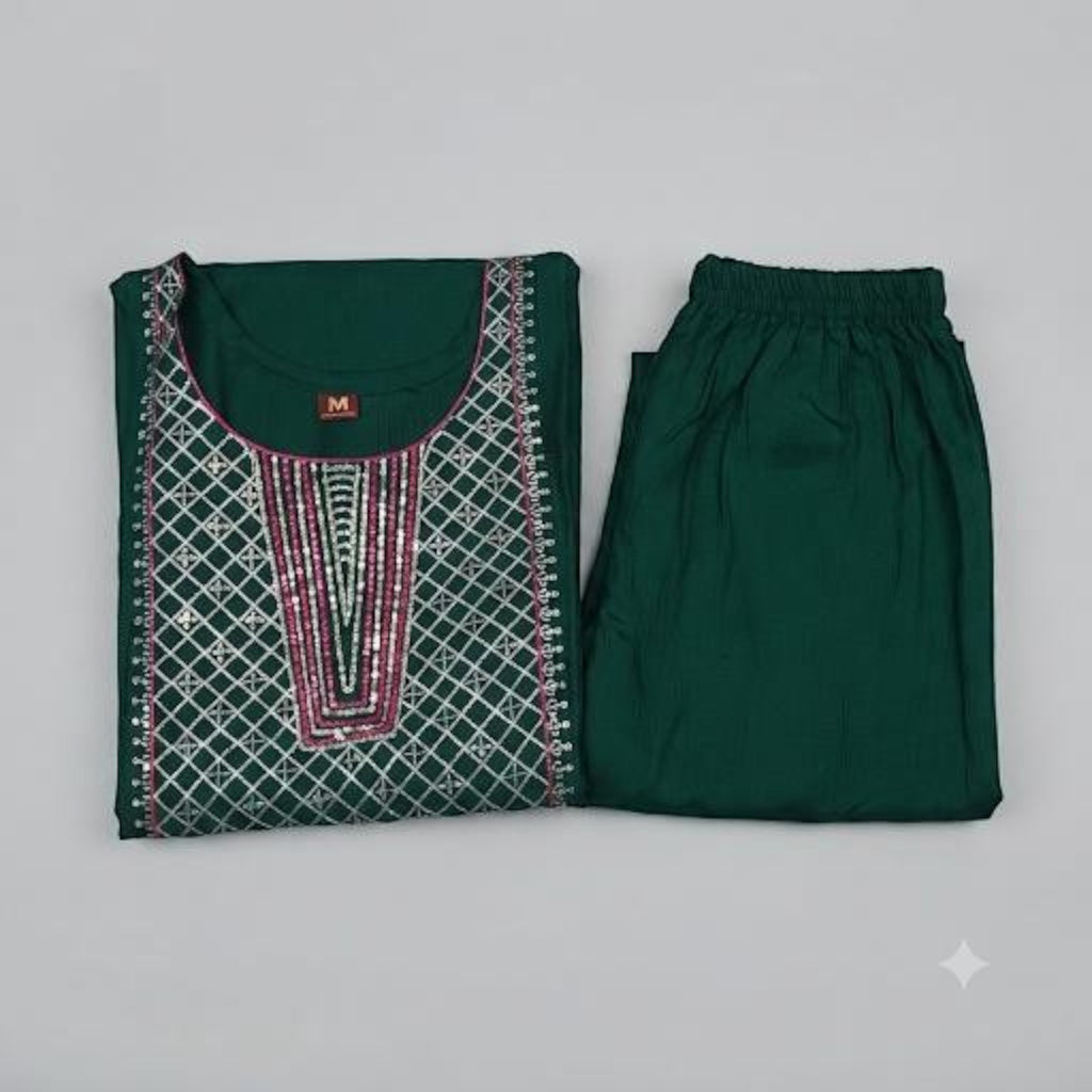City Center premium ethnic emerald green co-ord set with intricate silver embroidery and sequin detailing on the neck