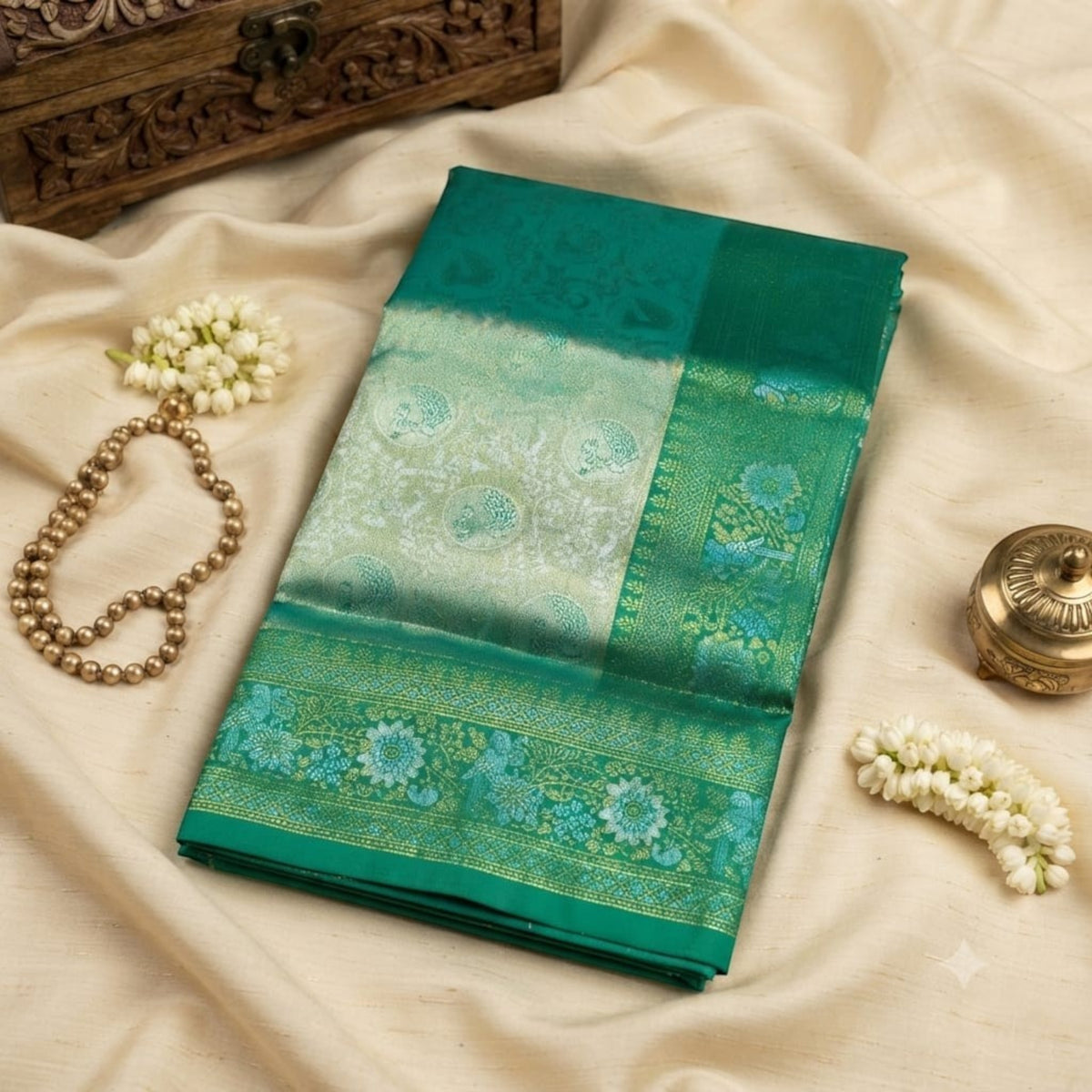 City Center premium Kanjivaram saree in emerald green with intricate silver zari floral borders and peacock motifs.