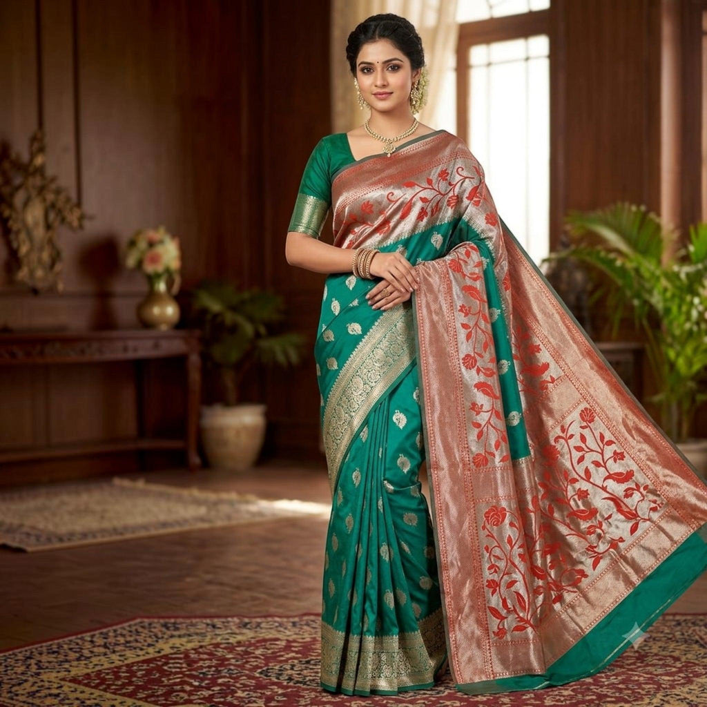 City Center emerald green silk saree with intricate gold zari weaving and floral pallu worn by a woman