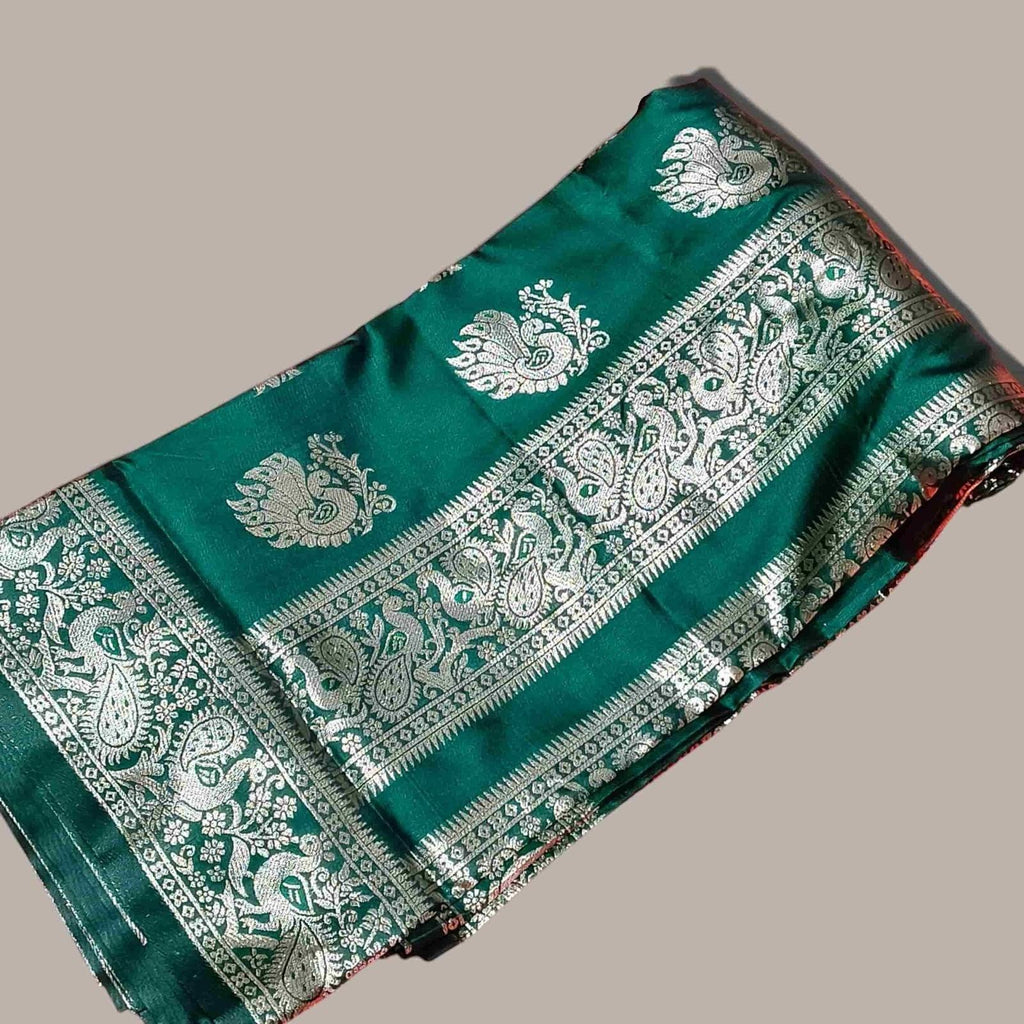 City Center emerald green pure silk Peshwai saree with intricate silver zari peacock and paisley motifs on the border