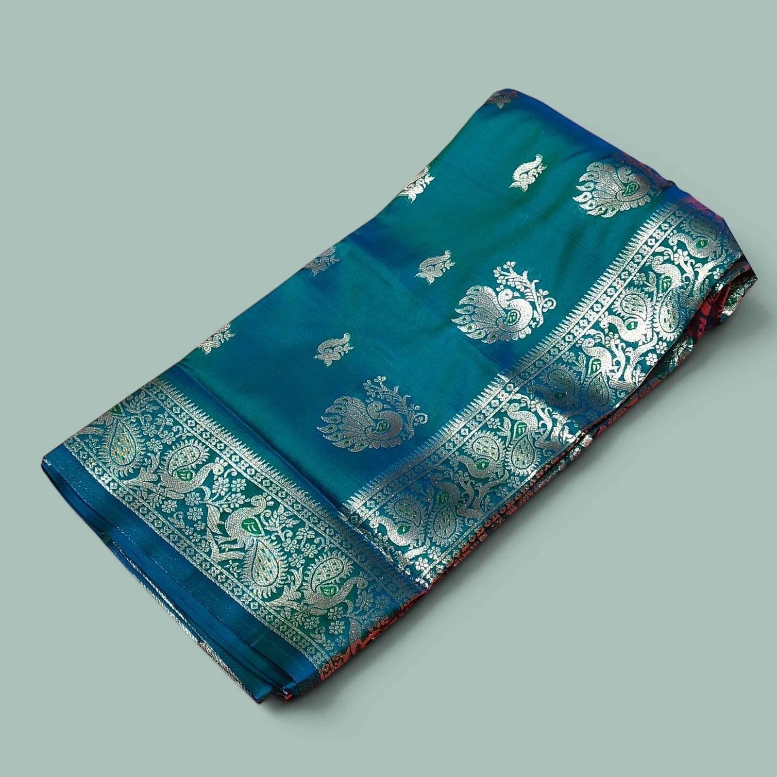 City Center Premium Peshwai Sadi in emerald silk with intricate silver zari peacock and paisley motifs