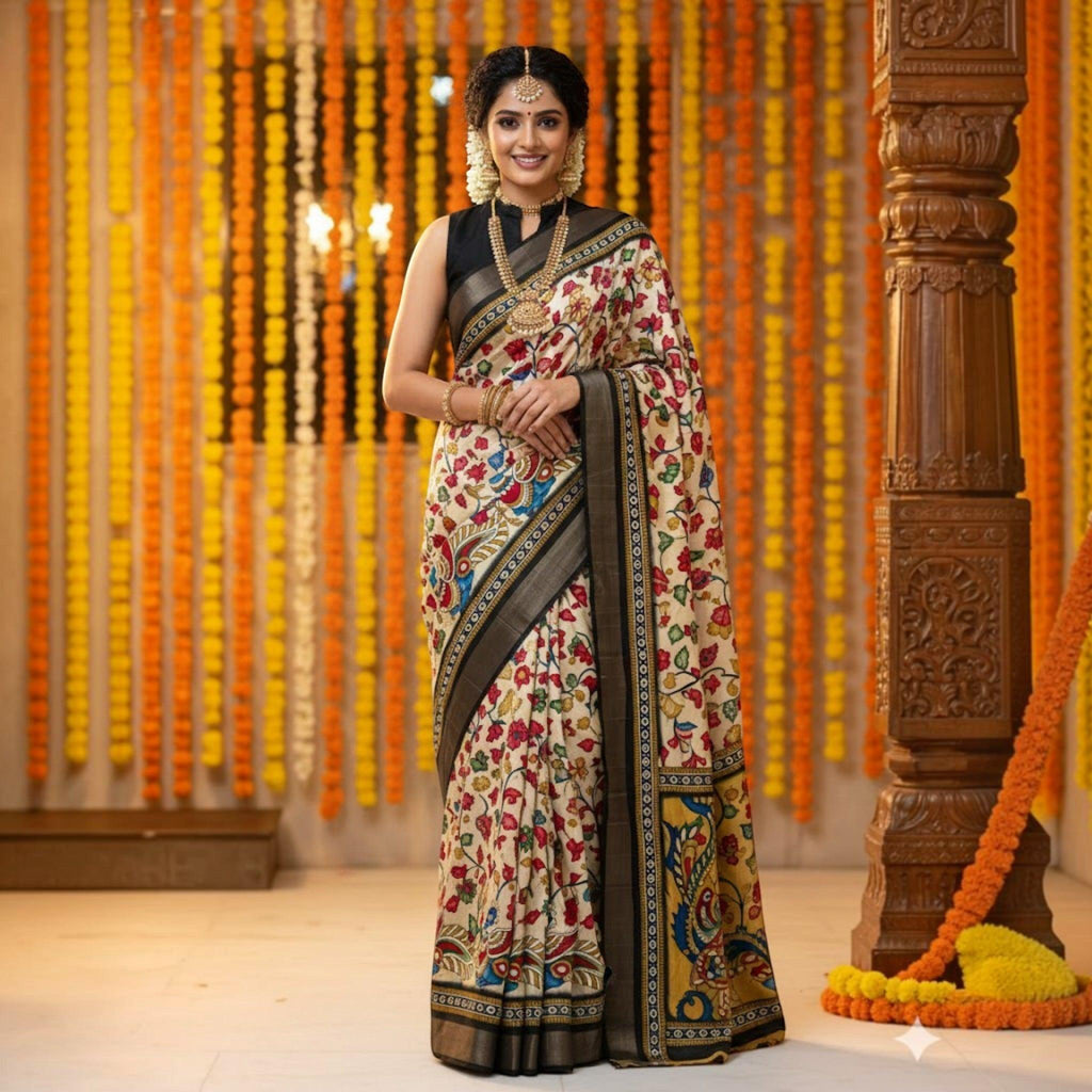 City Center premium cotton saree in cream with vibrant floral kalamkari prints and a wide black zari border.