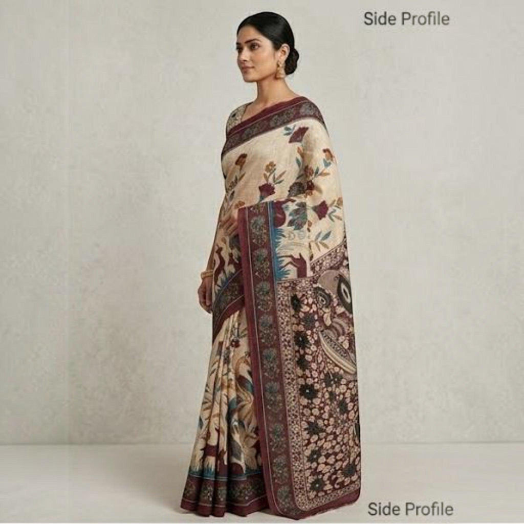 City Center premium cotton saree in beige with floral motifs and a deep maroon border worn by a model, side view