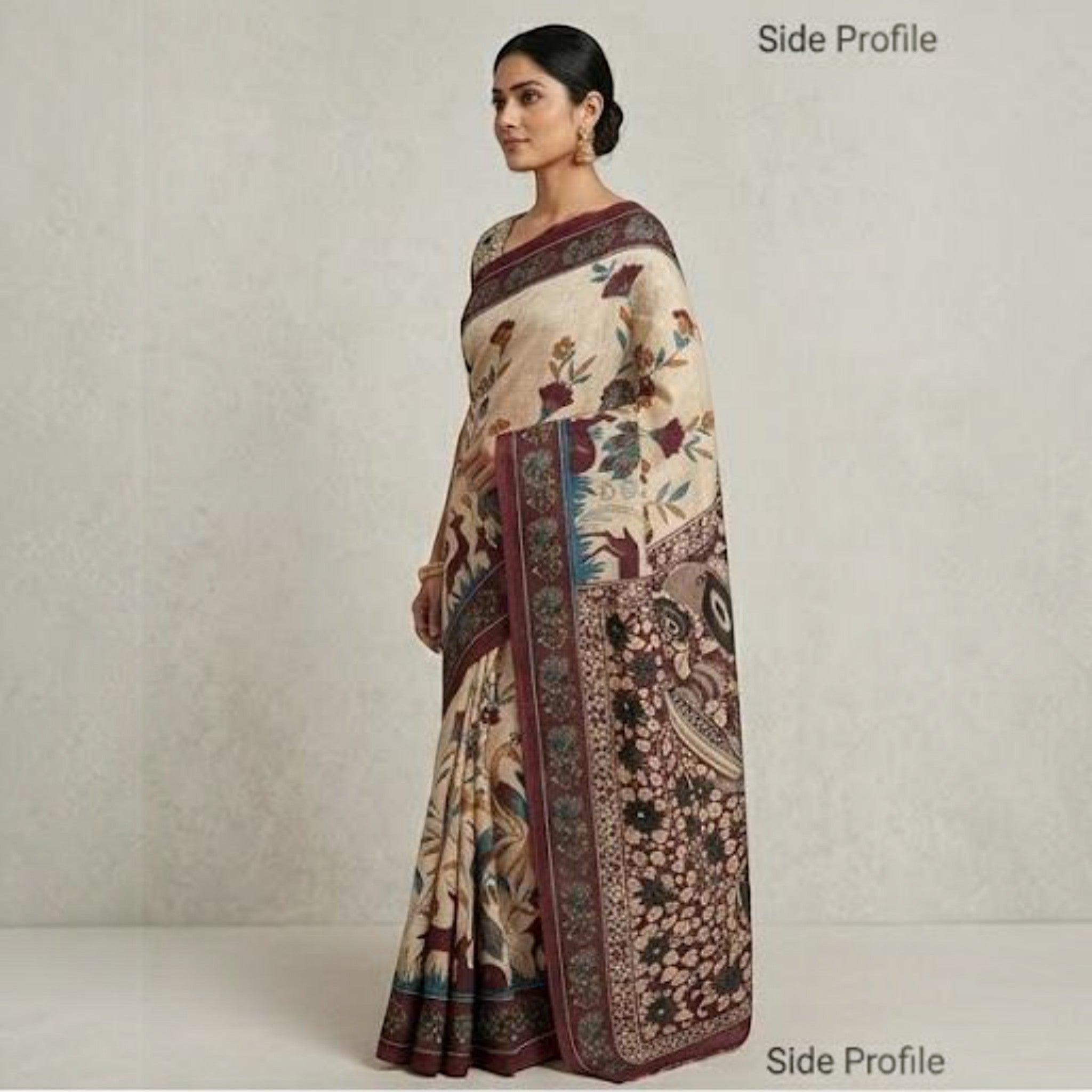 City Center premium cotton saree in beige with floral motifs and a deep maroon border worn by a model, side view