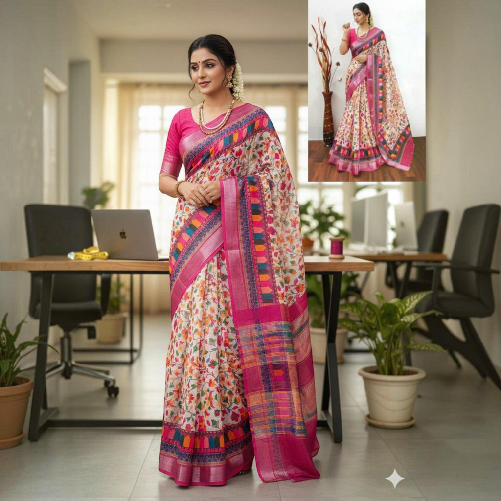 City Center premium cotton saree in white with floral prints and a vibrant pink border, worn by a woman in an office.
