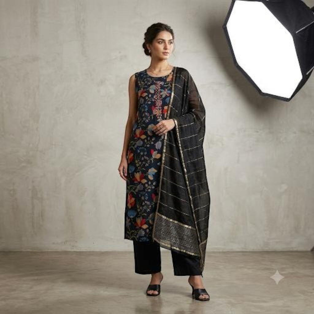 City Center sleeveless kurti set in navy with floral print, black trousers, and a black dupatta with metallic stripes.
