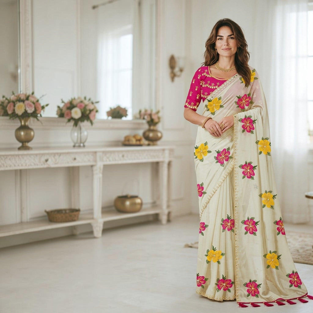 City Center floral shimmer saree in cream with pink and yellow embroidery and a matching pink designer blouse