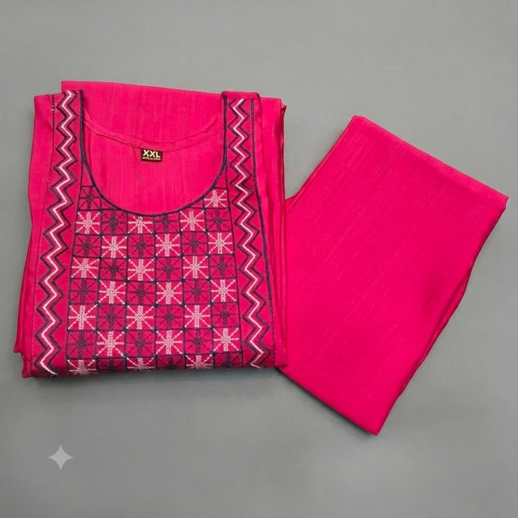 City Center premium ethnic co-ord set in vibrant fuchsia pink with intricate geometric embroidery on the neckline.