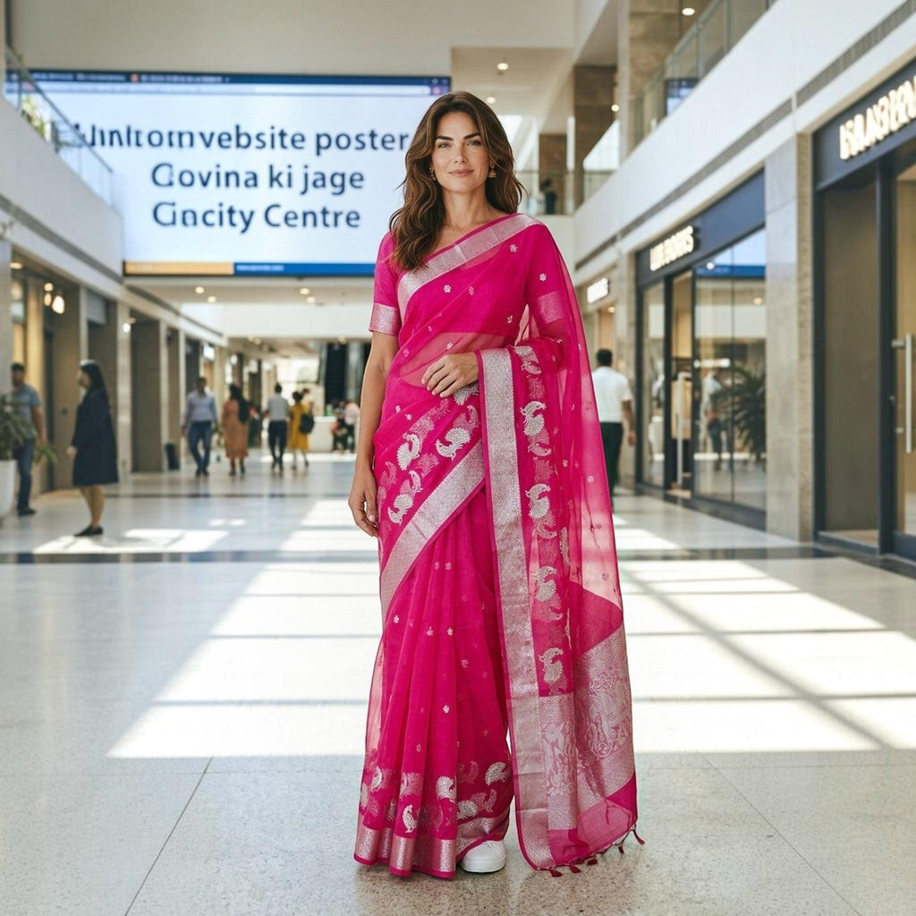 City Center fuchsia organza saree with silver zari peacock motifs and matching blouse in a modern shopping mall.