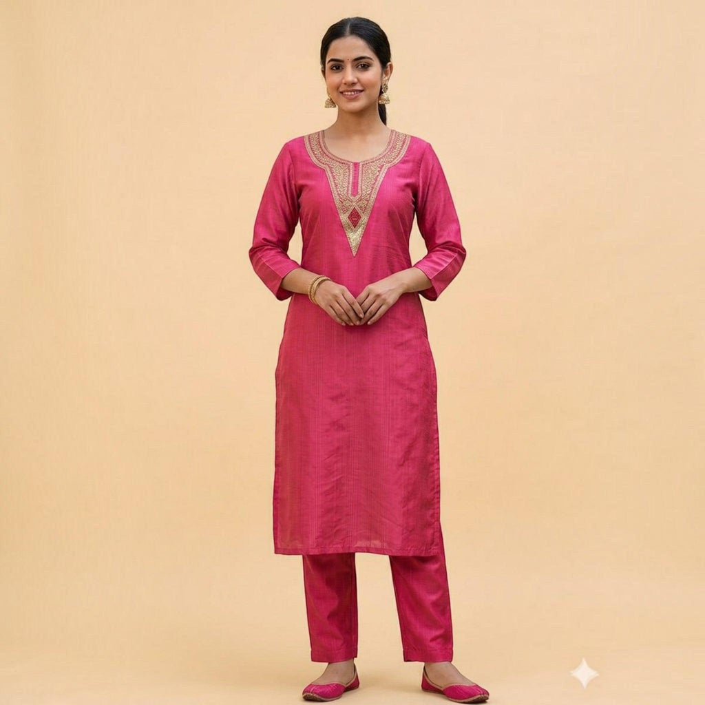 City Center fuchsia pink vertical textured co-ord set with embroidered neckline on a model