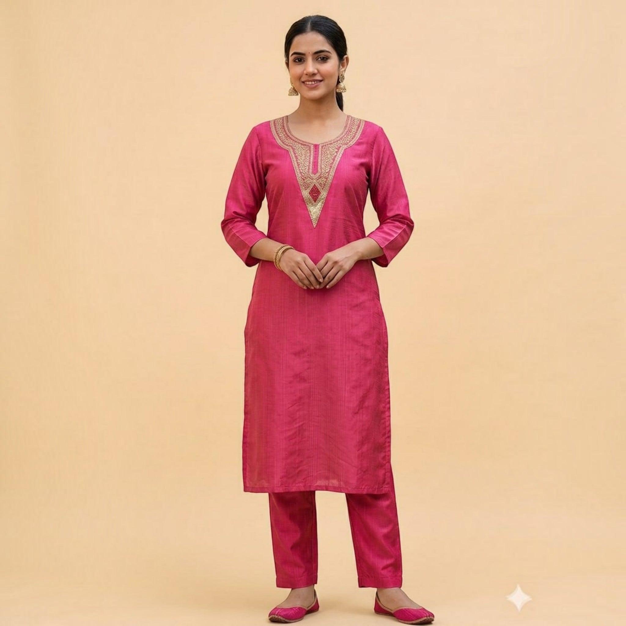 City Center fuchsia pink vertical textured co-ord set with embroidered neckline on a model