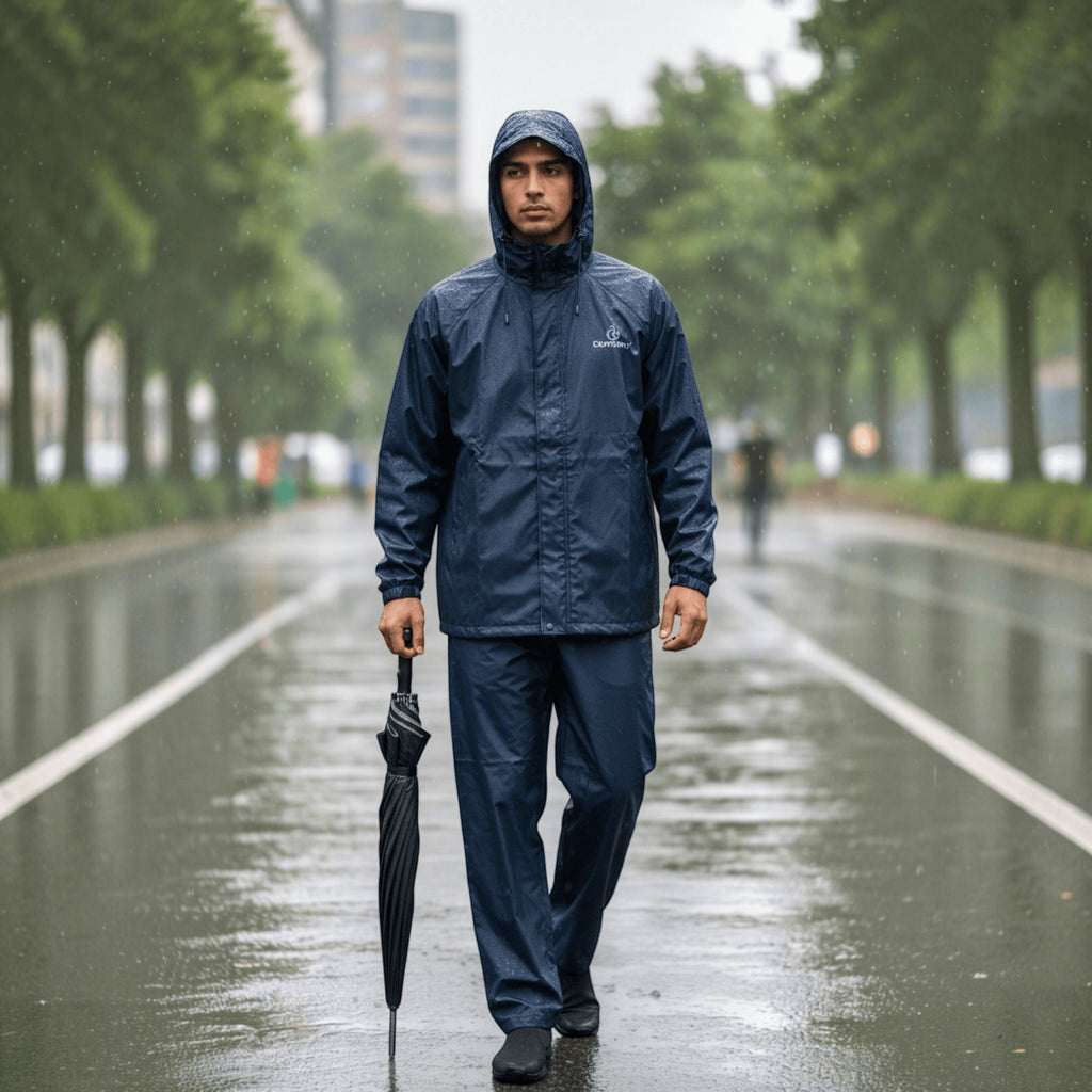 City Center Galaxy waterproof navy blue hooded raincoat worn by a man holding an umbrella on a rainy city street.
