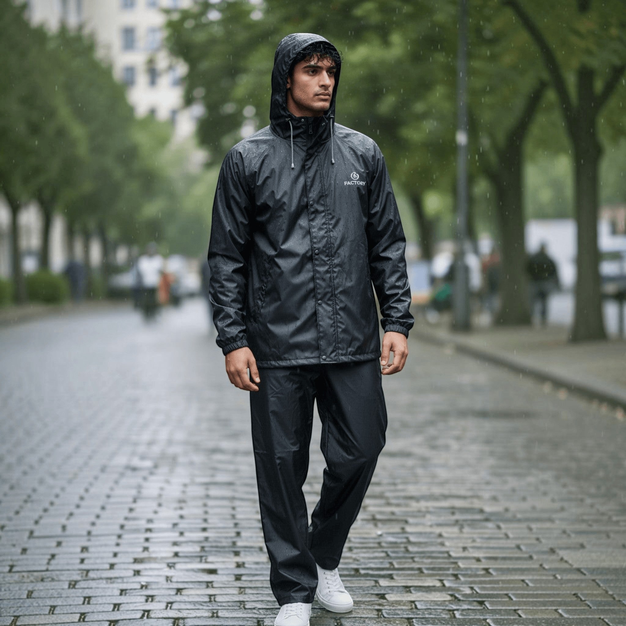 City Center Galaxy waterproof black raincoat worn by a man walking on a wet city street during a rainstorm.