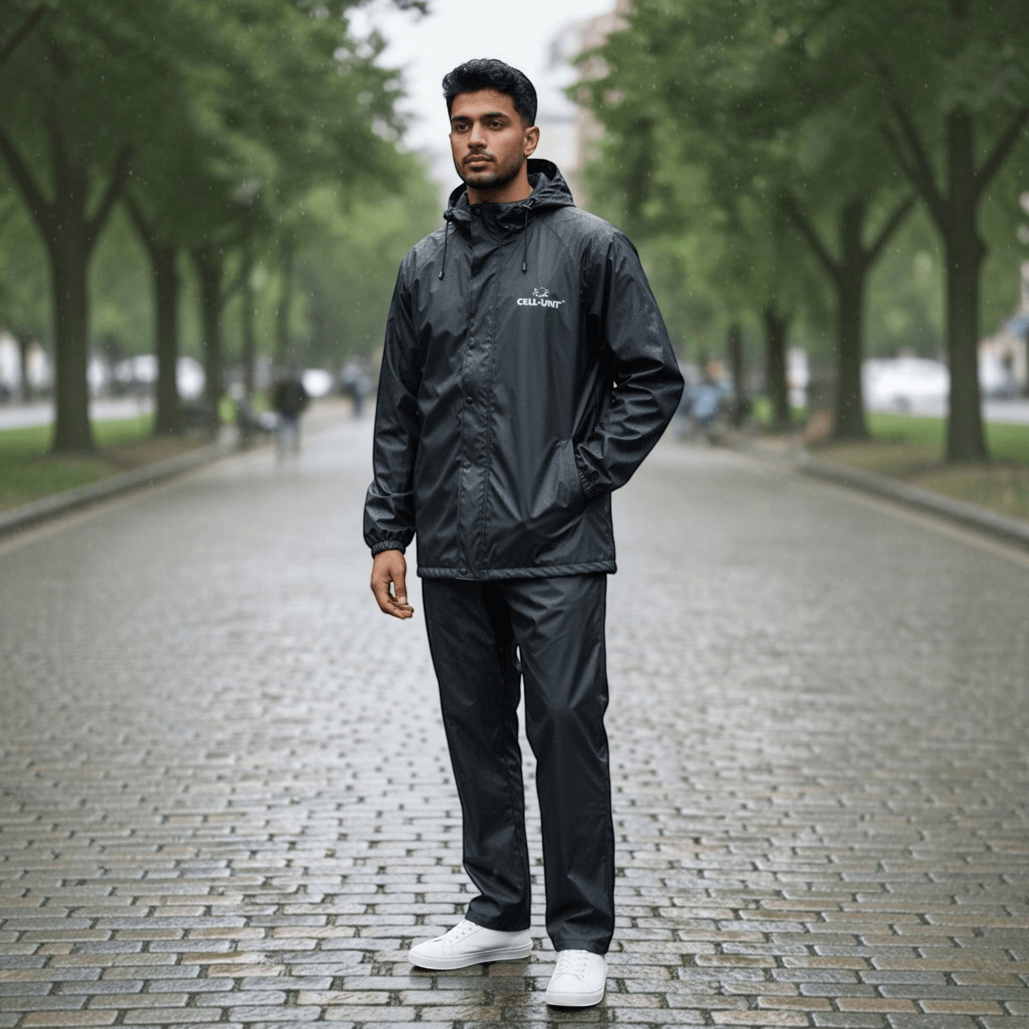 City Center Galaxy waterproof black raincoat set with hood worn by a man on a rainy park path