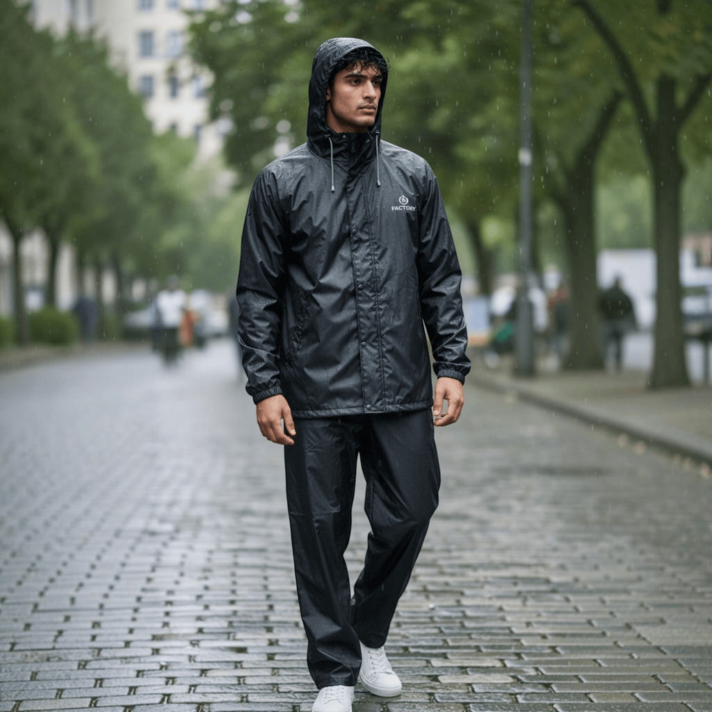 City Center Galaxy waterproof black raincoat set with hood worn by a man on a rainy city street